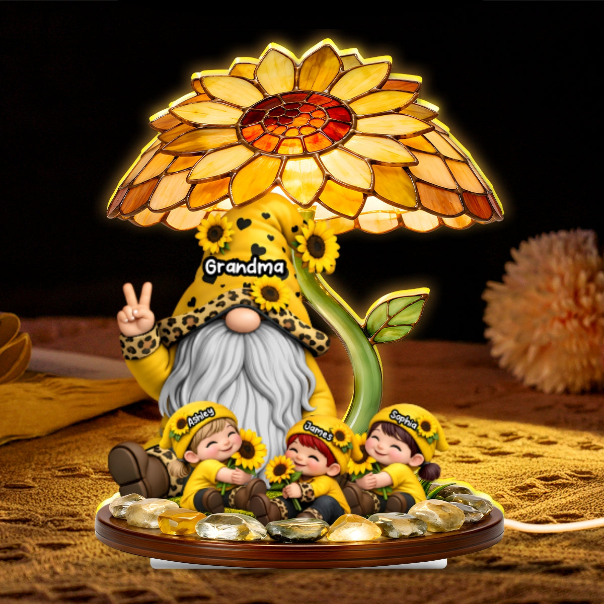 Sunflower Gnome Grandma Grandkids - Personalized Light Box - Mother's Day Gift for Grandma