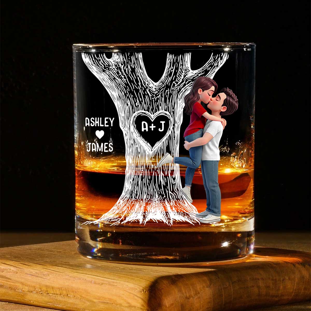 Eternal Love Couple Hugging Kissing Tree Of Love - Personalized Whiskey Glass, Wine Glass - Heartfelt Valentine, Anniversary Gift For Him, For Her
