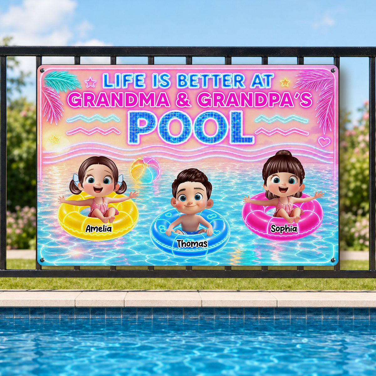 Neon Summer Life is Better in Grandma Grandpa's Pool - Personalized Metal Sign - Summer Decor Gift for Grandma, Grandparents