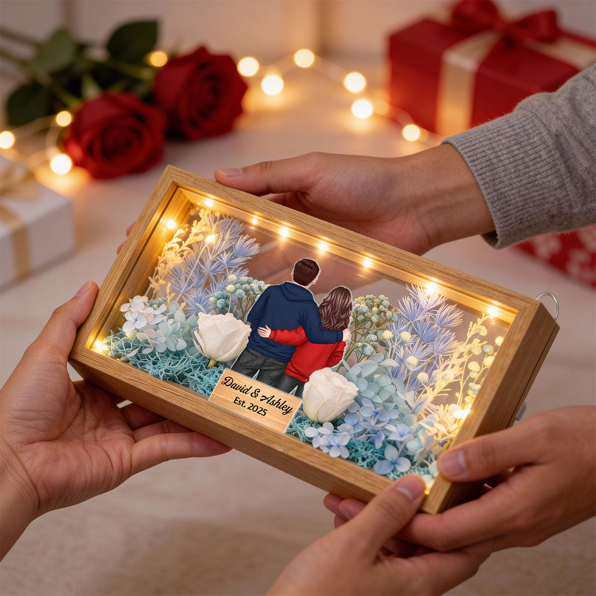 Eternal Love Back View Couple - Personalized DIY Flower Shadow Box LED Night Light - Gift For Couple, For Him, For Her