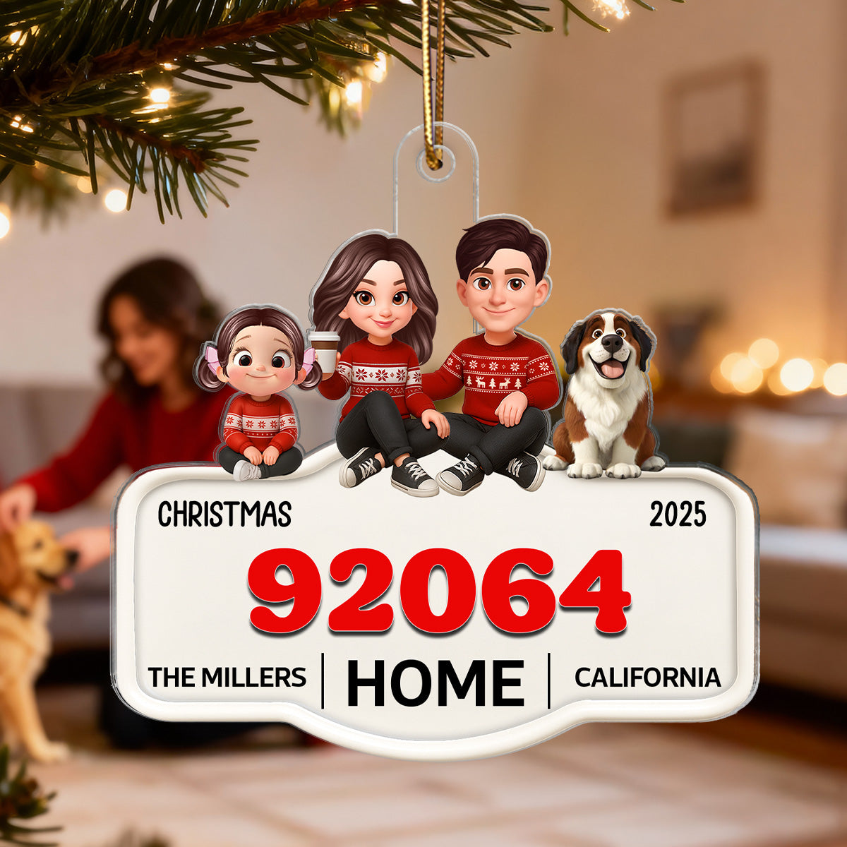 3D Effect No Place Like Home Cartoon Family Sitting Zip Code - Personalized Acrylic Ornament