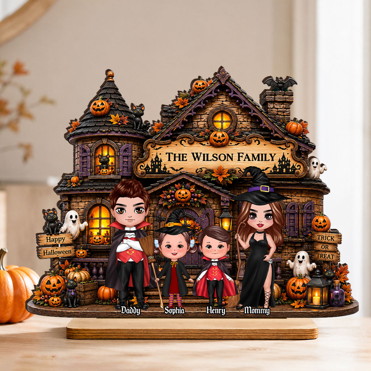 Family Haunted House Trick or Treat - Personalized 2-Layered Wooden Plaque - Halloween Gothic Home Sign