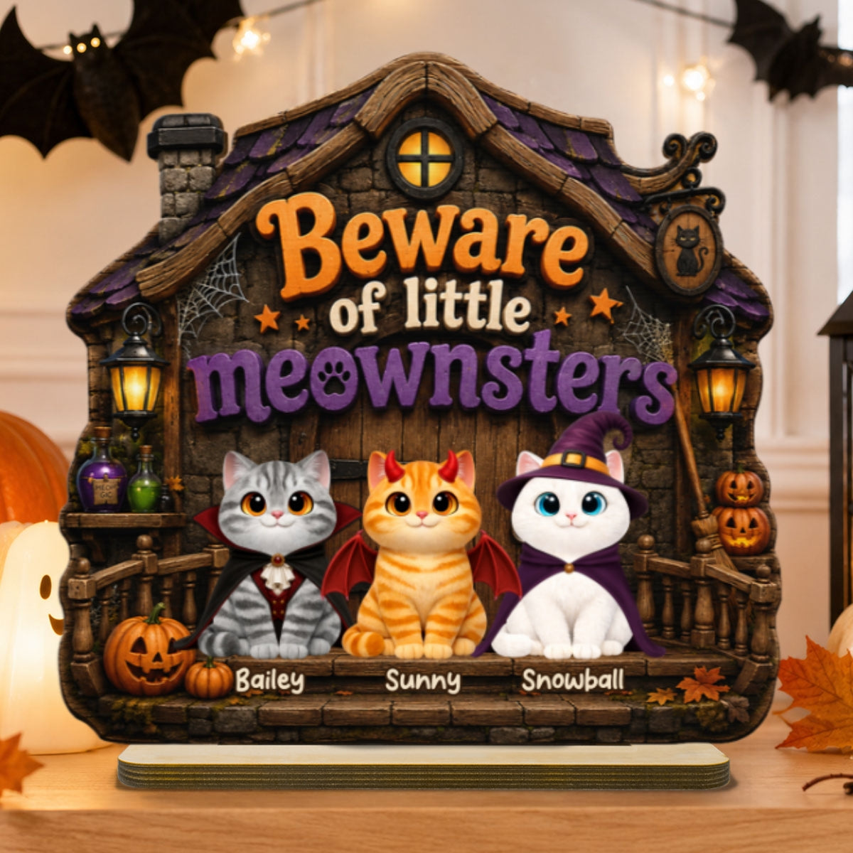 Spooky Halloween Beware of Little Meownsters Cats - Personalized 2-Layered Wooden Plaque - Halloween Gift For Cat Lovers, Halloween Decor