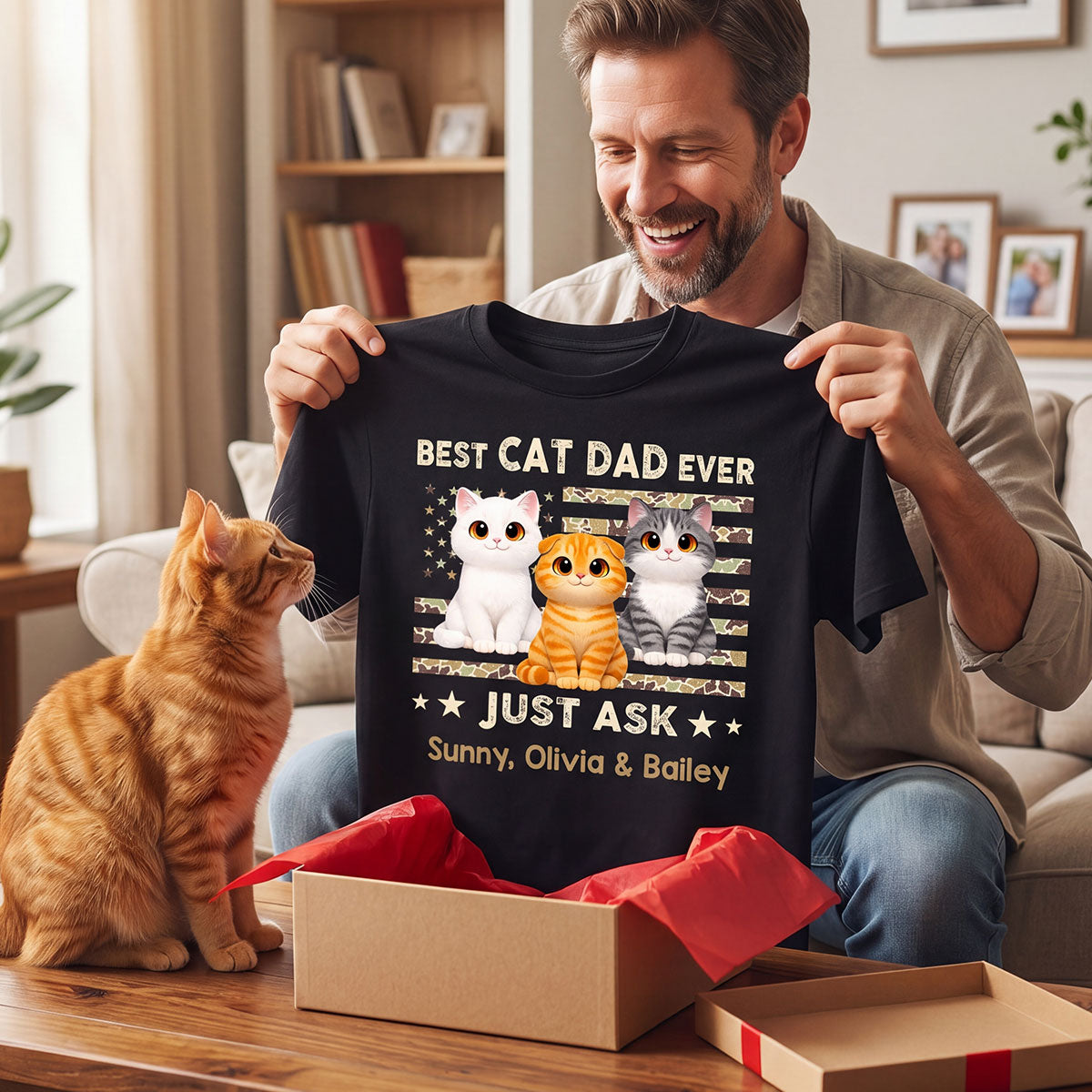Best Cat Dad Ever Trendy Camouflage Pattern Nation Flag  - Personalized Shirt - Father's Day Gift For Cat Dad, Cat Lovers