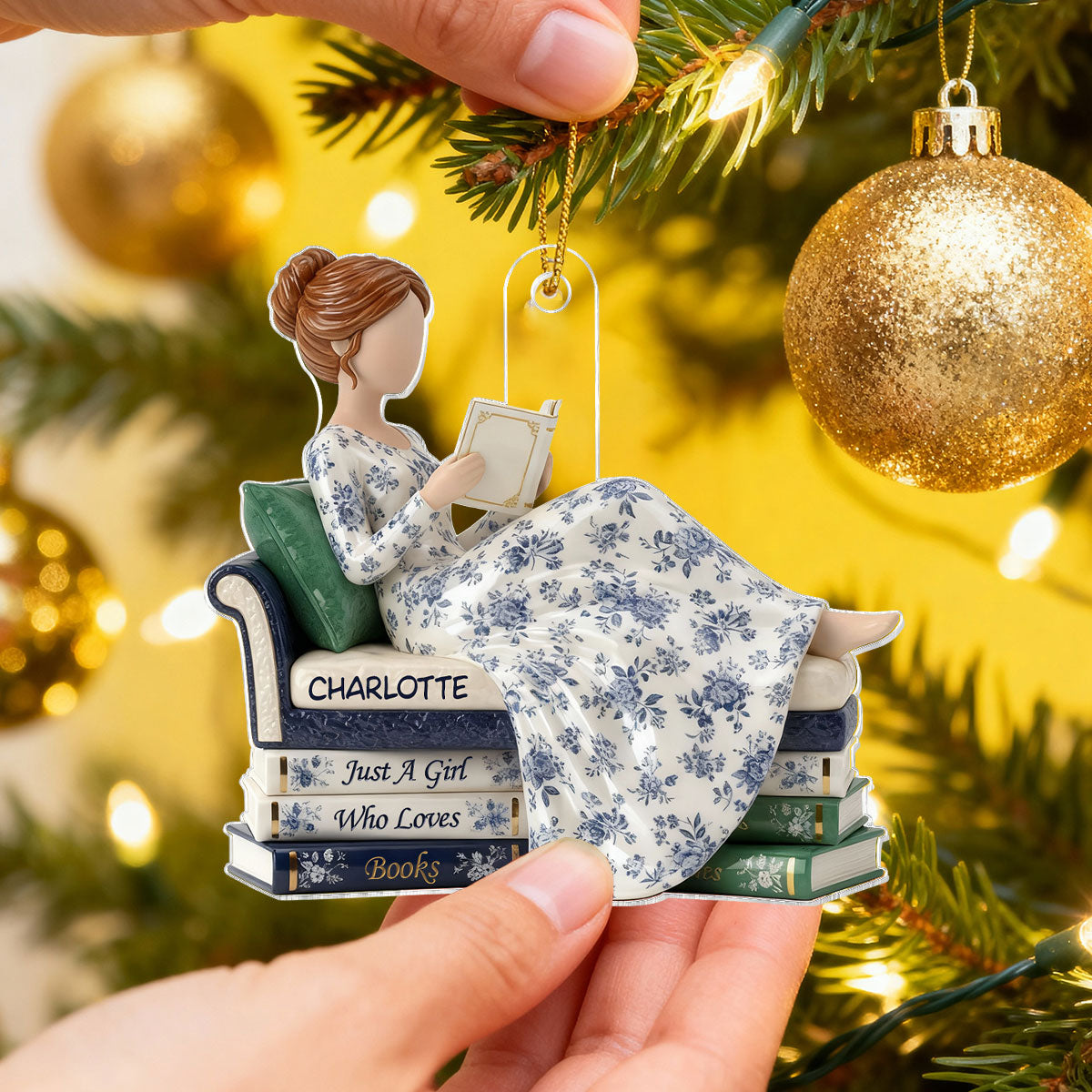 3D Effect Girl Reading Books On Sofa Toile De Jouy Pattern - Personalized Acrylic Ornament - Christmas Gift For Book Lover, Bookworm