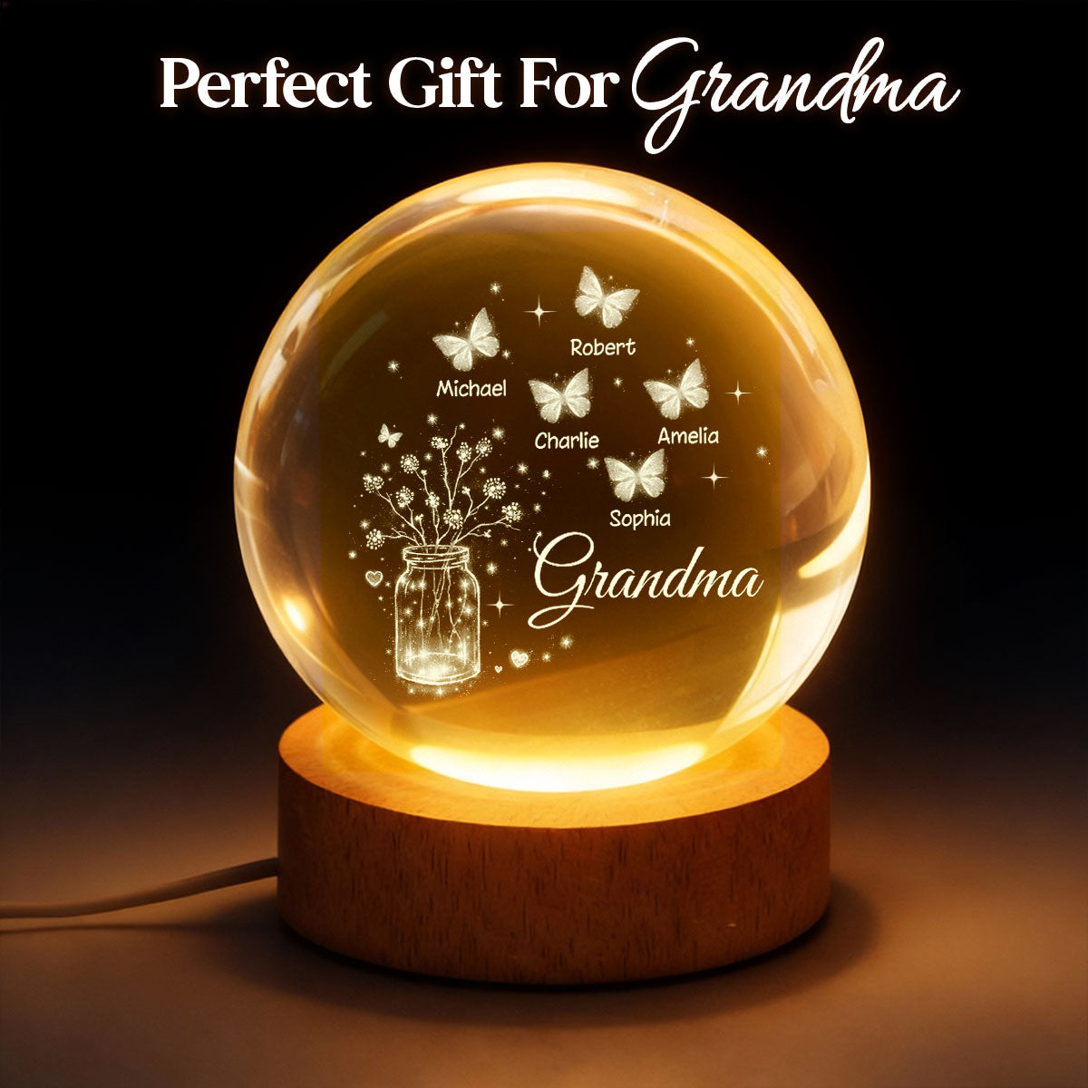 Grandma Butterfly Flower Jar - Personalized Crystal Ball LED Night Light - Sentimental Gift for Grandma