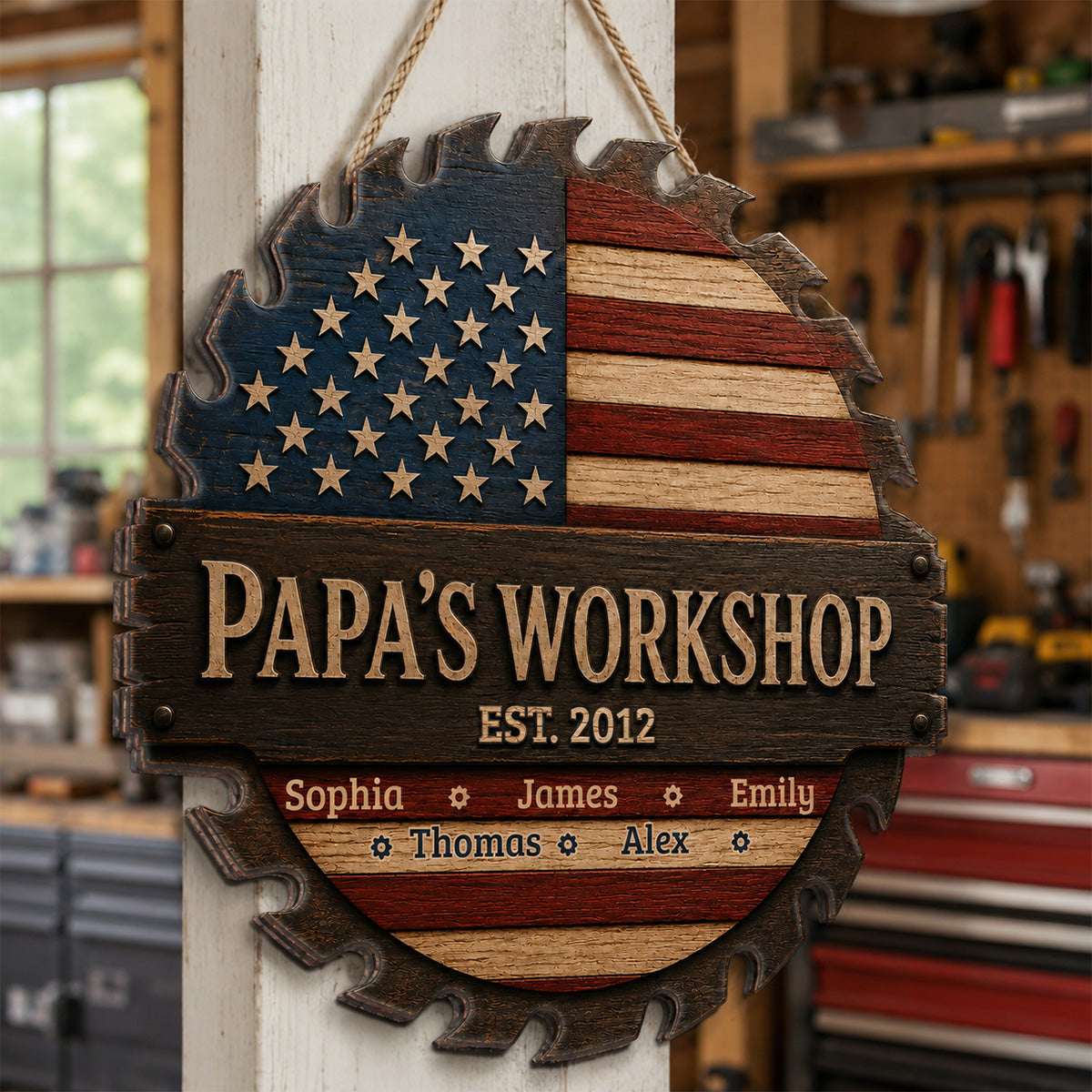 Dad Grandpa Workshop Nation Flag Theme - Personalized Wooden Garage Sign - Father's Day Gift For Patriotic Mechanic Dad, Grandpa