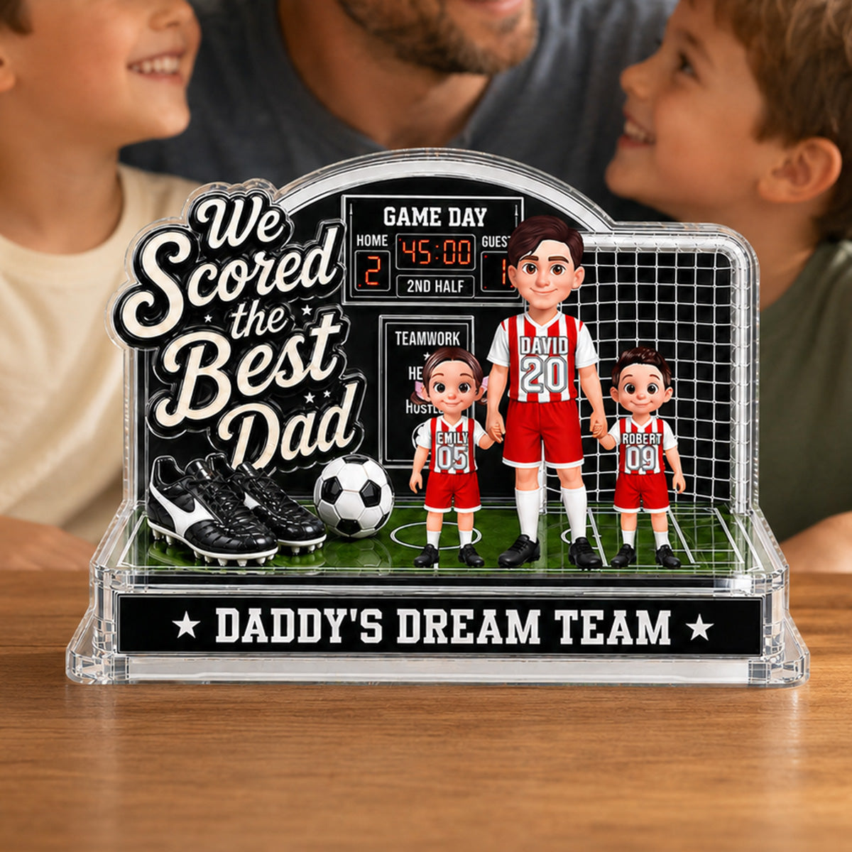 Soccer Dad & Kids On Court 2D Flat - Personalized Acrylic Block Plaque -  Gift For Soccer Dad, UK Football Dad