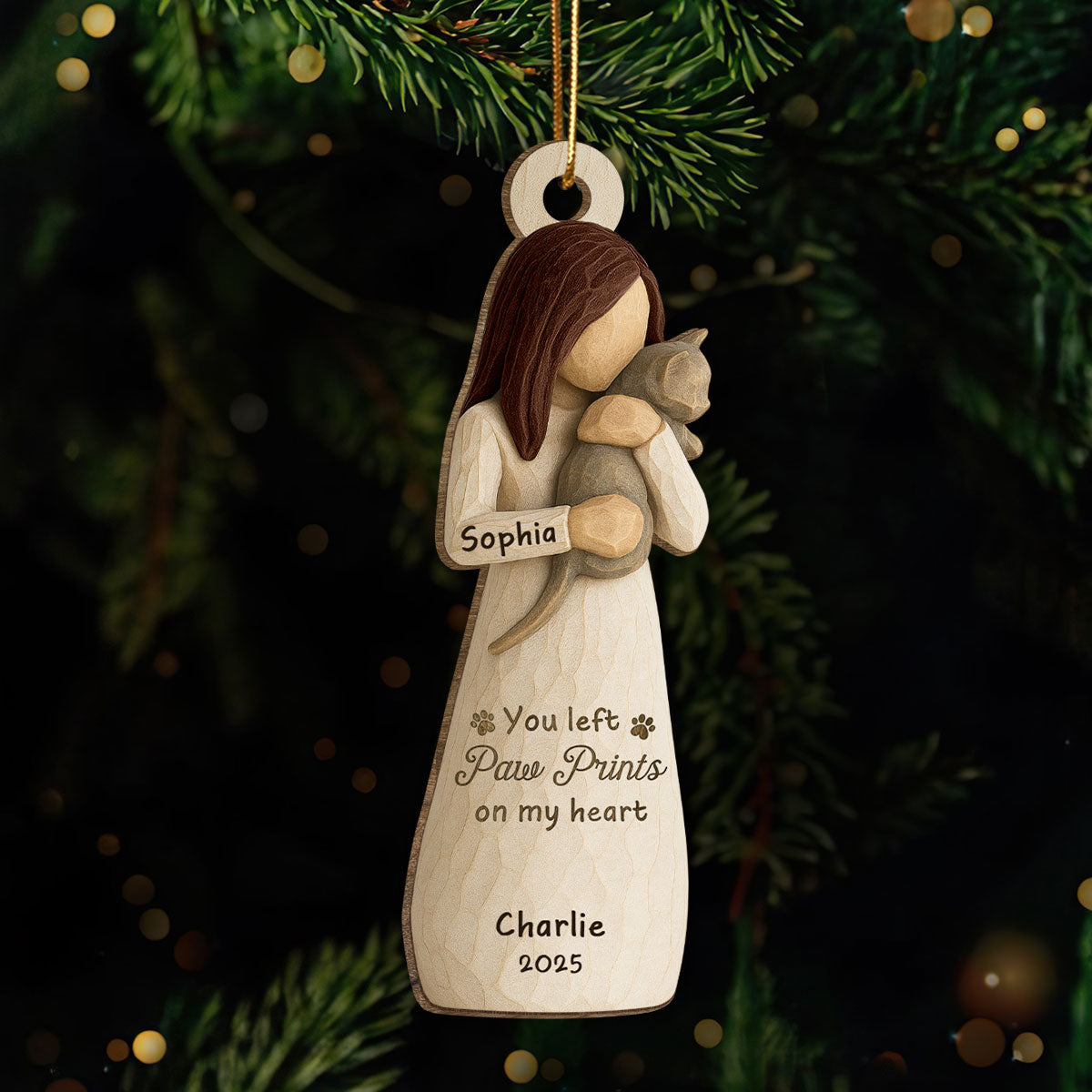 Until We Meet At Rainbow Bridge Woman & Cat 3D Effect - Personalized Wooden Ornament - Memorial Keepsake