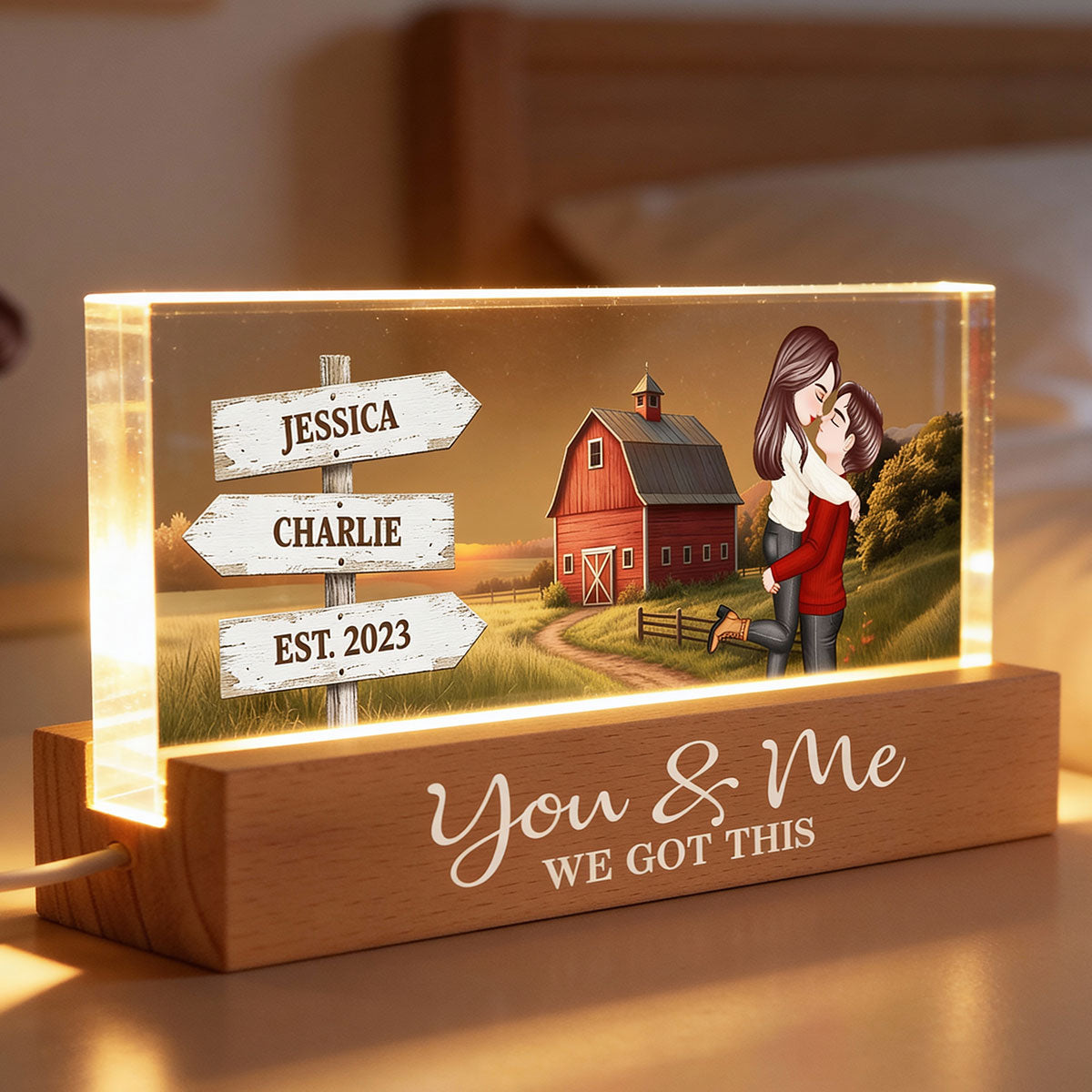 Rustic Nostalgia Red Barn House Sign Posts Couple Hugging Kissing Farmhouse Decor - Personalized Acrylic Block Plaque LED Night Light - Heartfelt Valentine, Anniversary Gift For Him, For Her