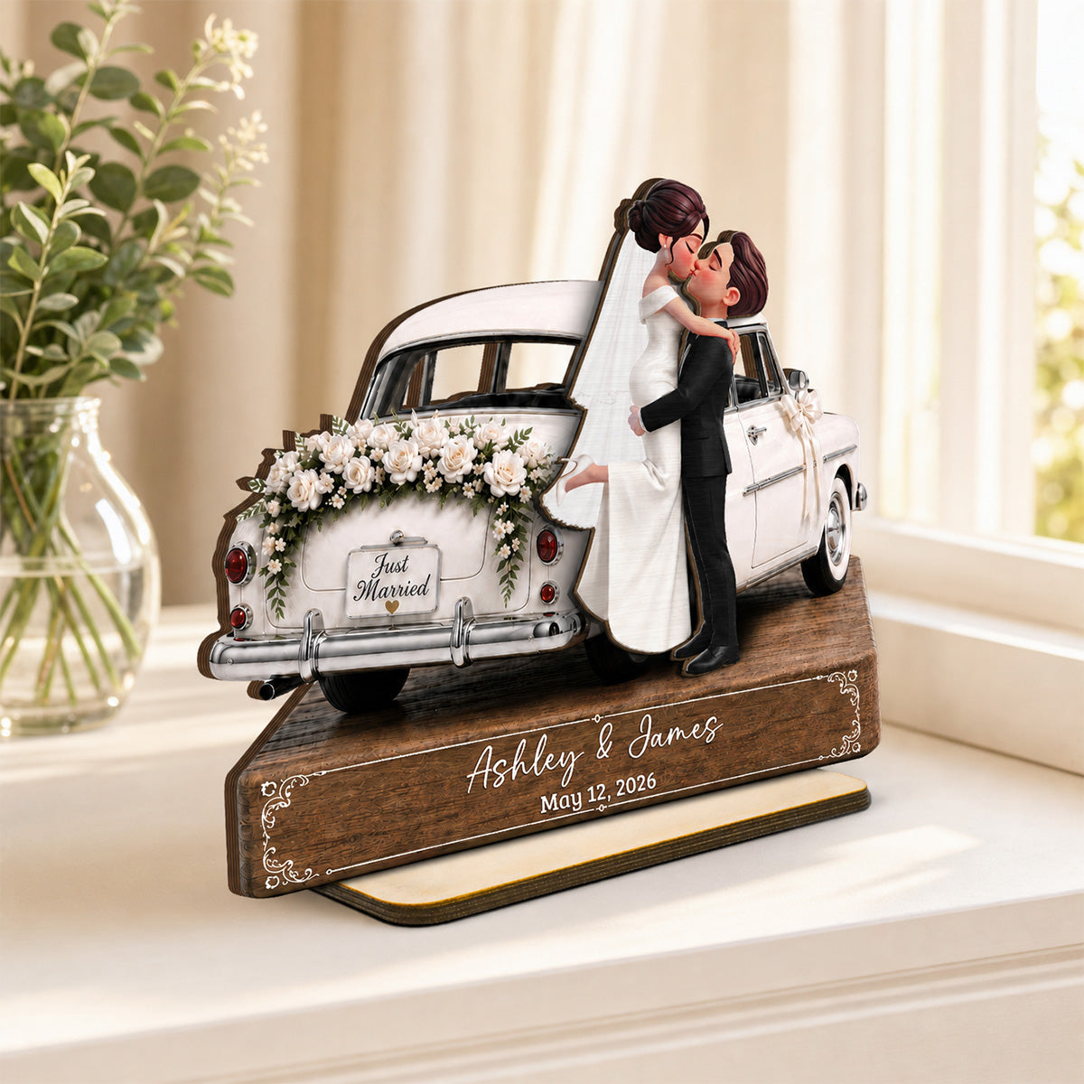 Newlywed Couple Wedding Car 2D Flat - Personalized Wooden Plaque - Wedding Gift Anniversary Gift Newlywed Gift