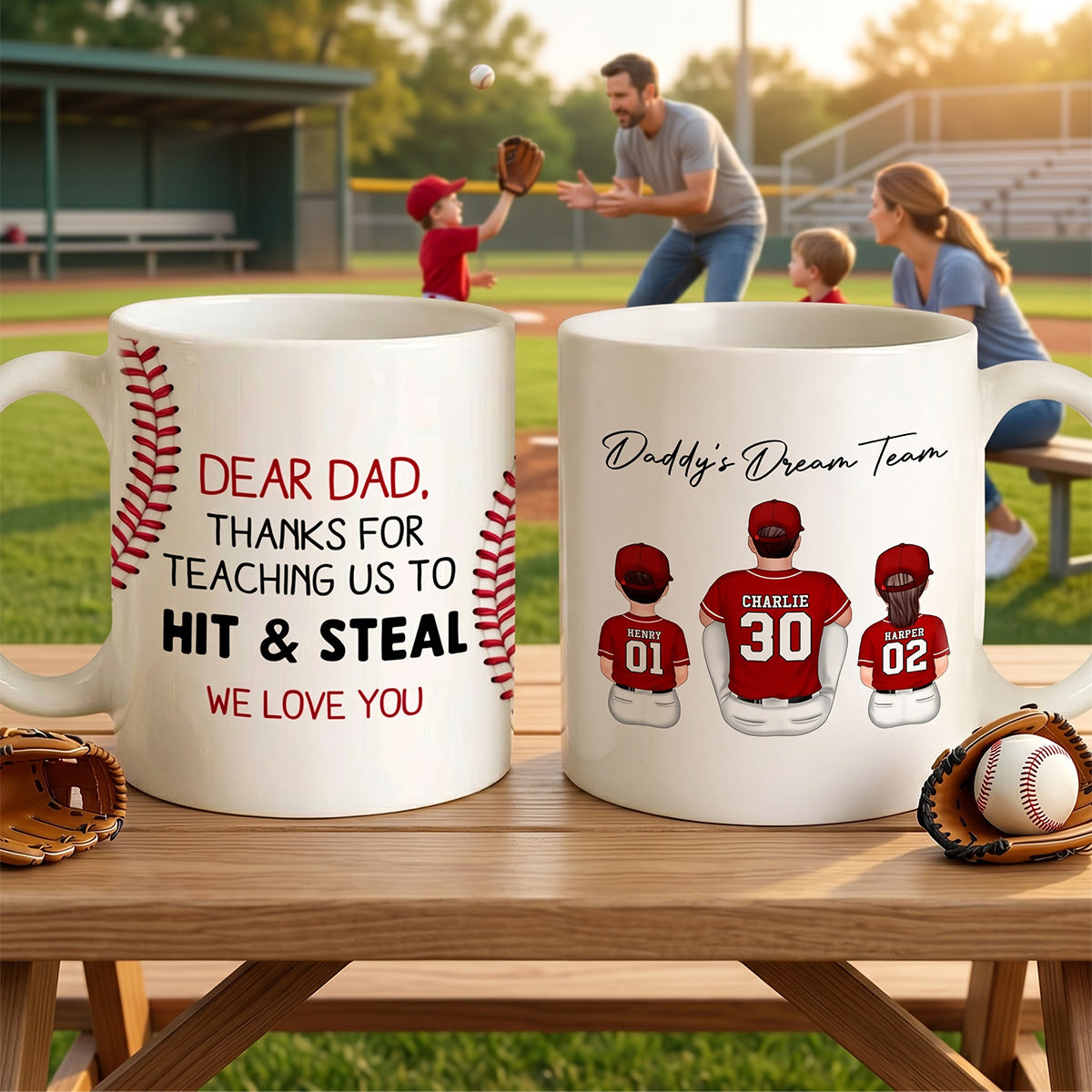 Thank You For Teaching Us To Hit & Steal Back View Baseball Dad & Kids - Personalized Mug - Father's Day Gift For Dad, Husband
