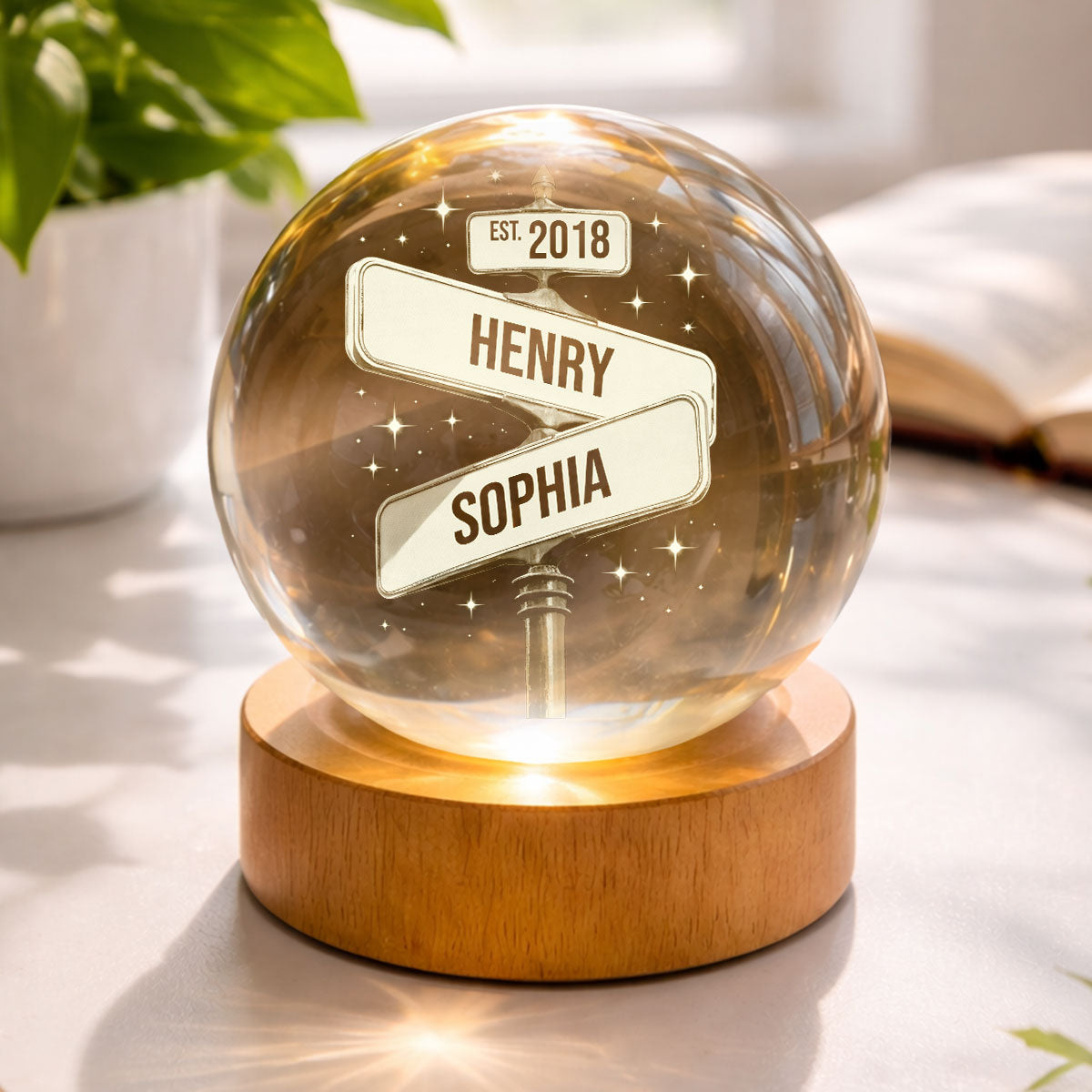 Custom Couple Street Sign - Personalized Crystal Ball LED Night Light - Sentimental Valentine's Day Gift for her, for him