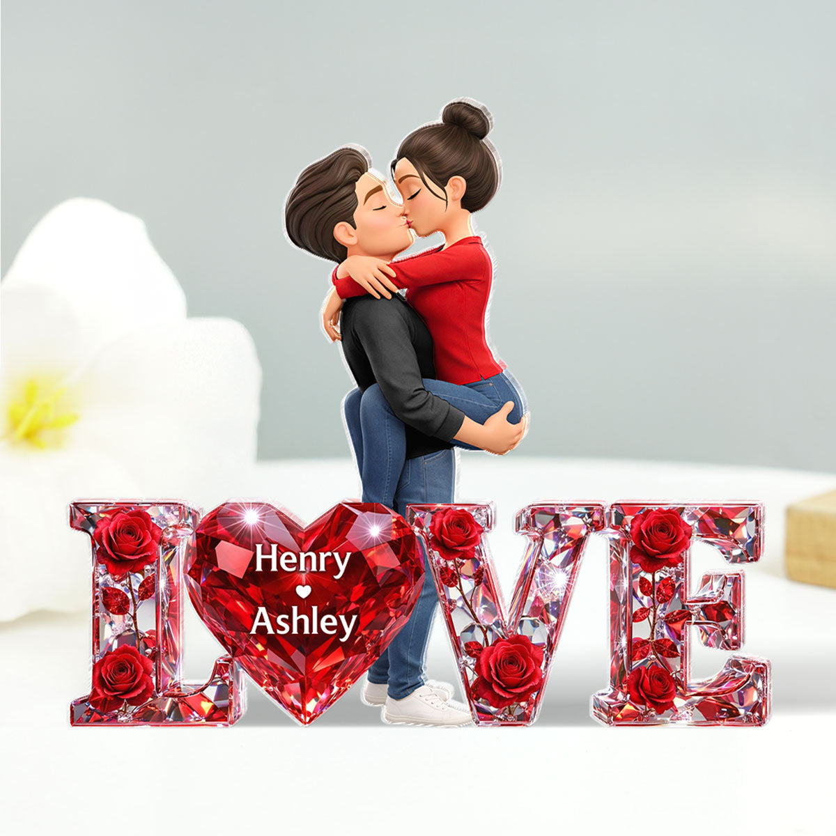 3D Shiny Rose Love Kissing Couple - Personalized Acrylic Block Plaque - Heartfelt Valentine's Day Gift For Him, Gift For Her