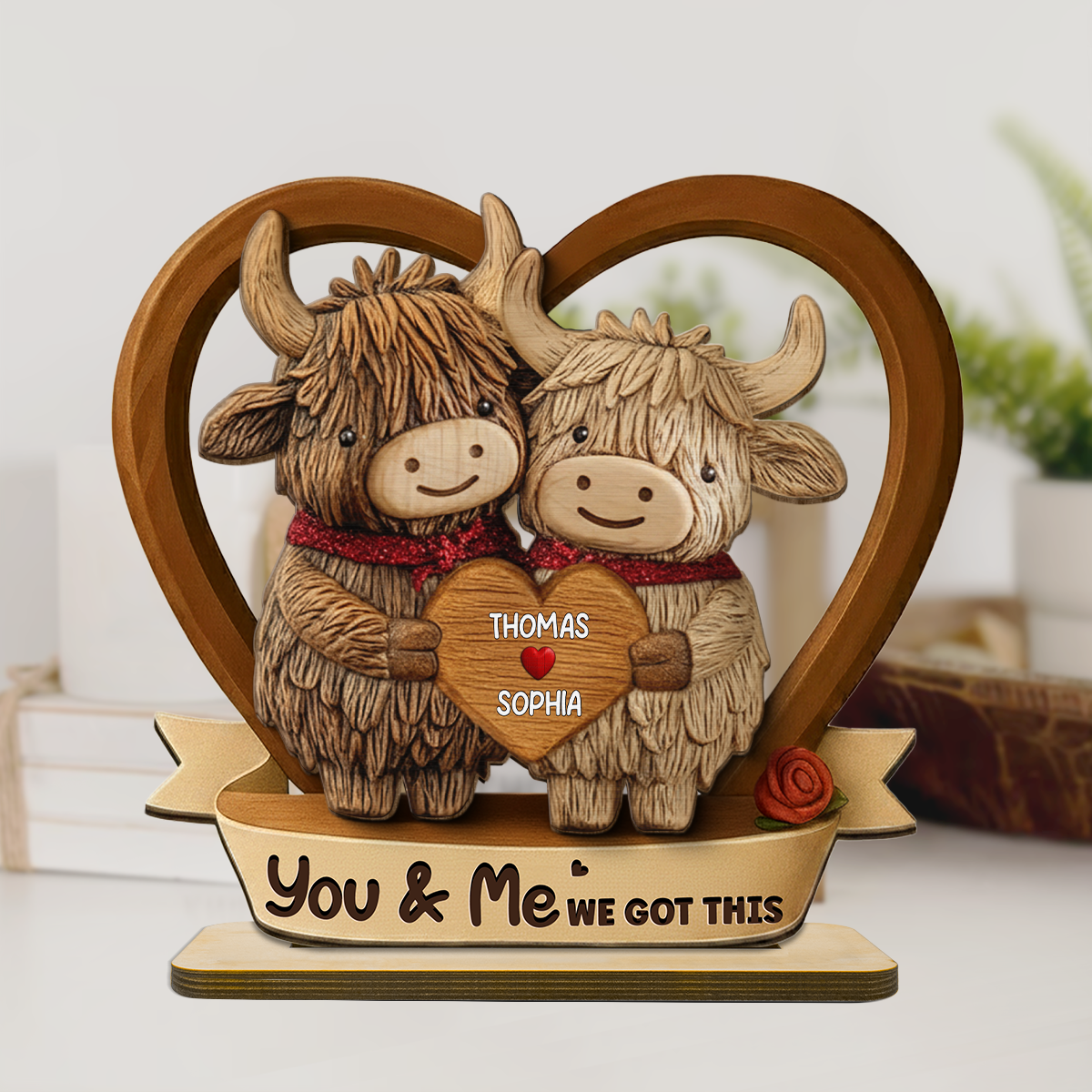 3D Effect Highland Cows Couple Heart - Personalized 2-Layered Wooden Plaque - Perfect Valentine's Day Gift For Him, Gift For Her