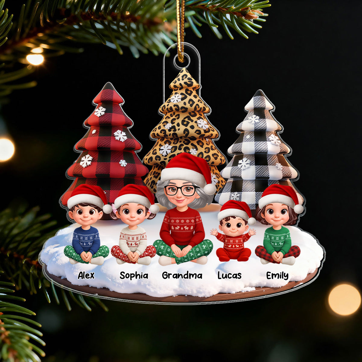 3D Effect Leopard Checkered Pattern Christmas Trees Grandma Grandkids Happy Together - Personalized Acrylic Ornament - Gift For Grandma, Grandkids