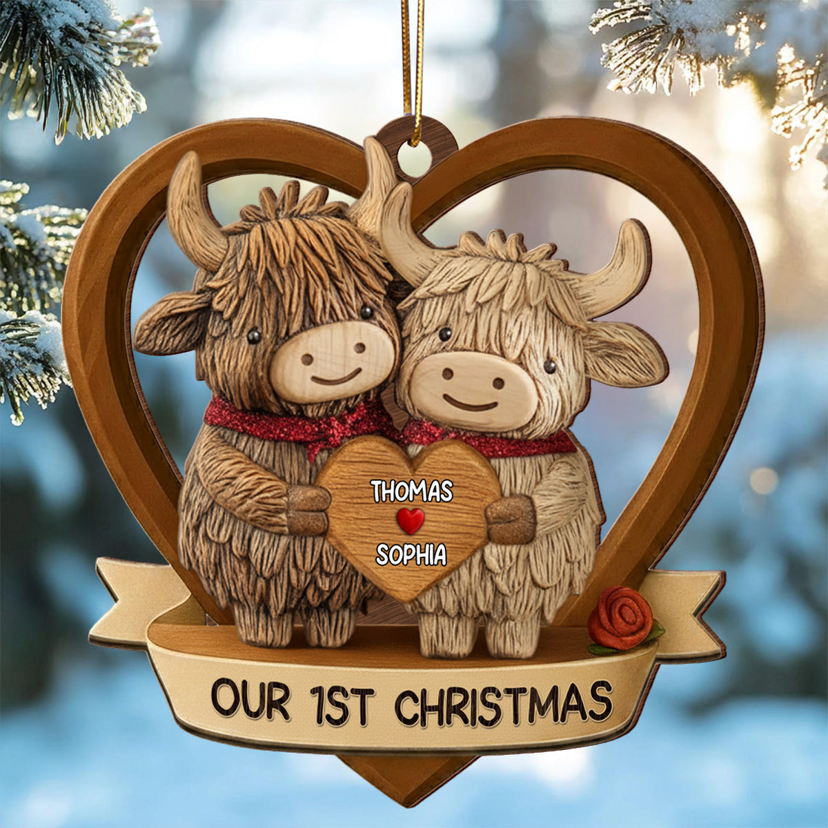 3D Effect Highland Cows Couple - Personalized Wooden Ornament - Gift For Him, Gift For Her