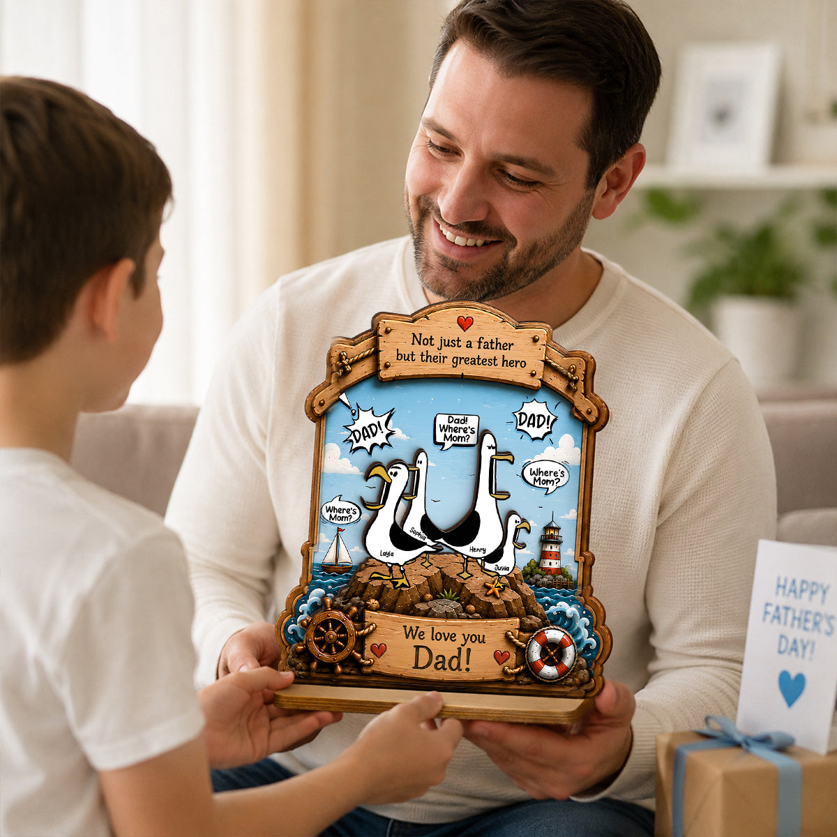 Funny Seagull Daddy Where's Mom - Personalized 2-Layered Wooden Plaque - Funny Gift For Dad, Husband
