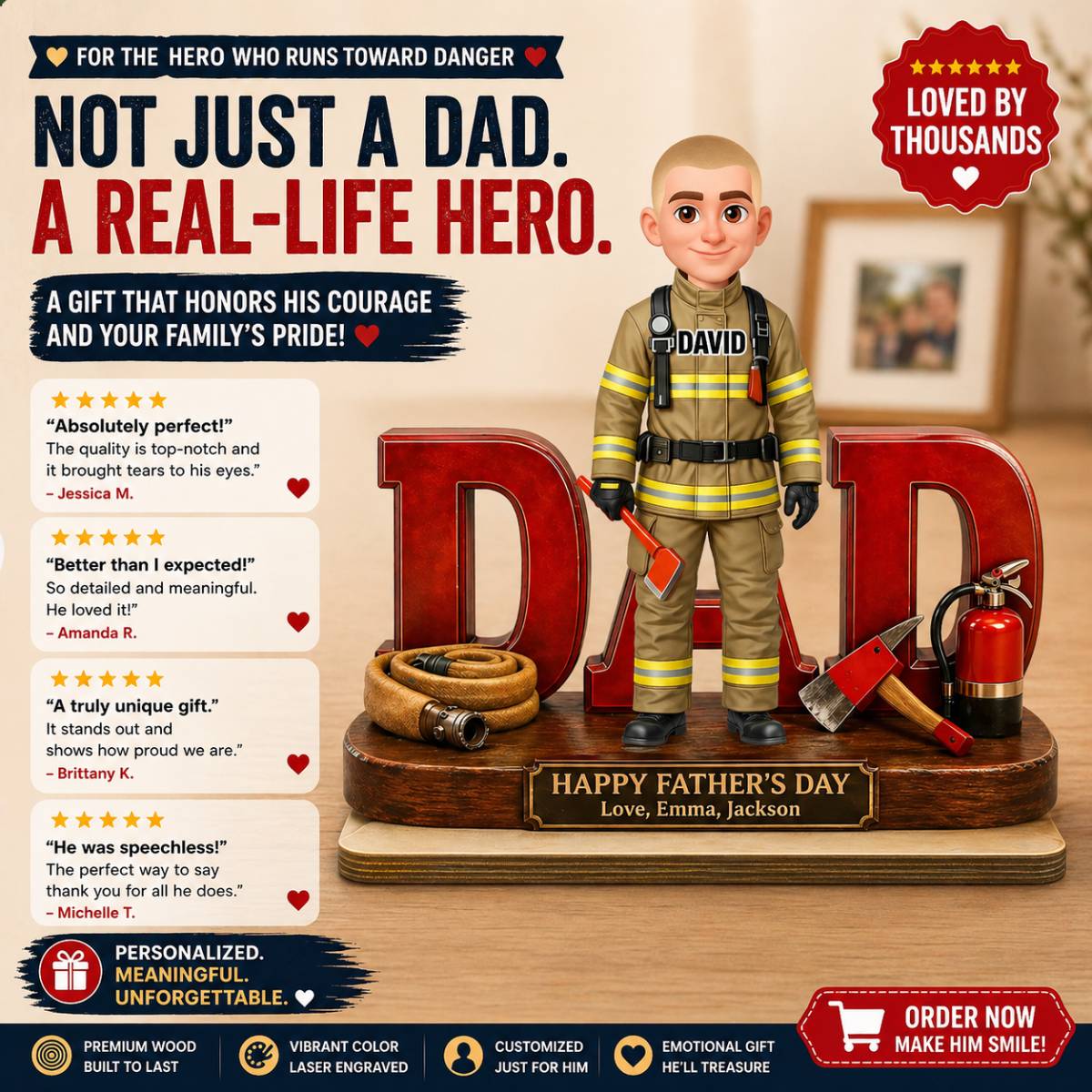Proud American Firefighter Dad - Personalized 2-Layered Wooden Plaque -  Gift For Dad