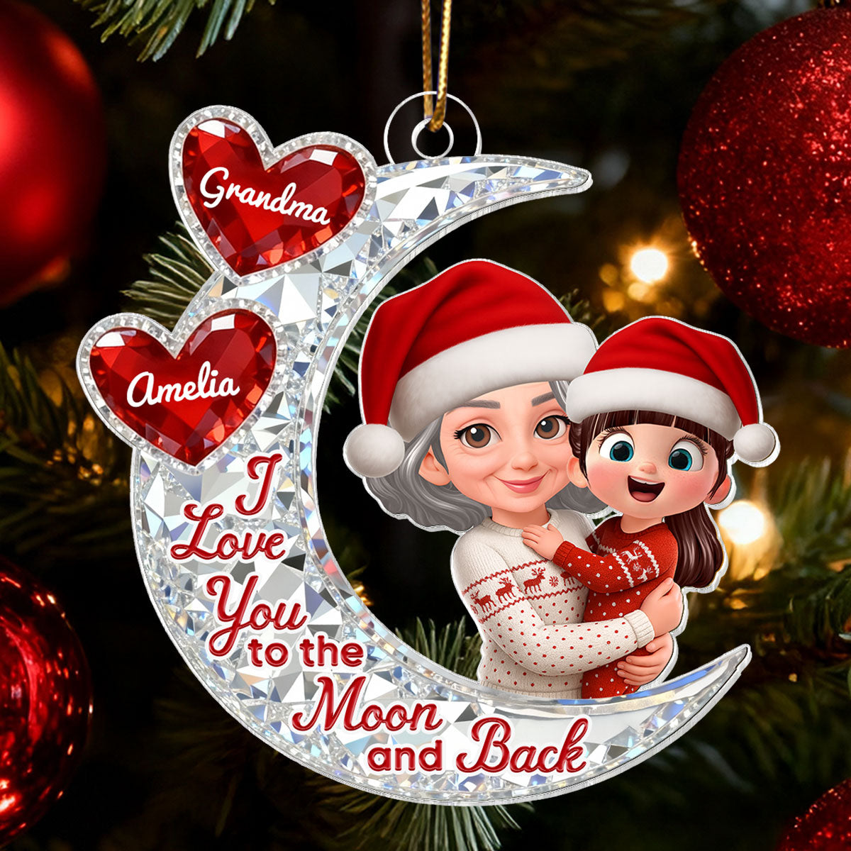 3D Effect Flat Moon Grandma Grandkid Love You To The Moon And Back - Personalized Acrylic Ornament - Christmas Gift For All Grandkids