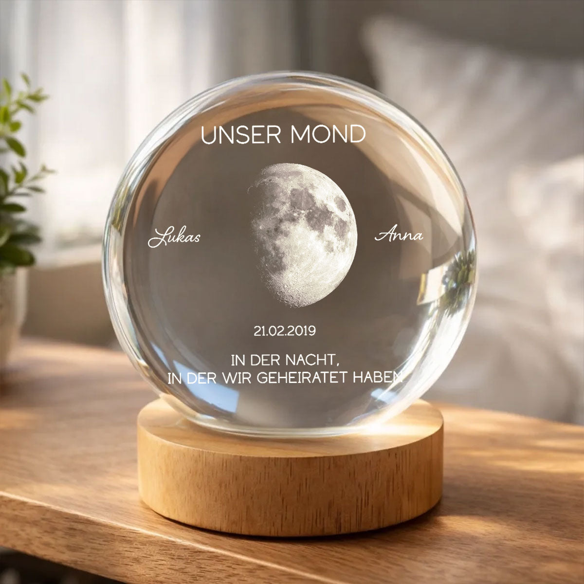 Unser Mond zum Wunschdatum – Personalisierte Mondphase – Kristallkugel Nachtlicht – Jahrestagsgeschenk für Sie & Ihn