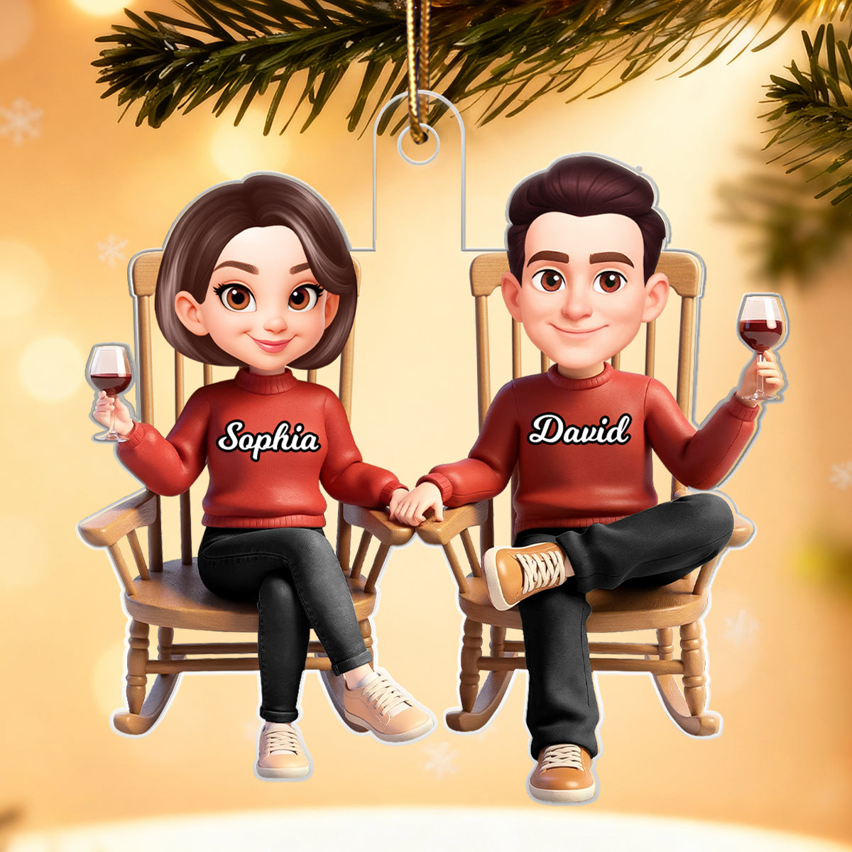 His and Hers Cartoon Couple Sitting on Rocking Chair - Personalized Acrylic Ornament - Christmas Gift for him, Gift for her