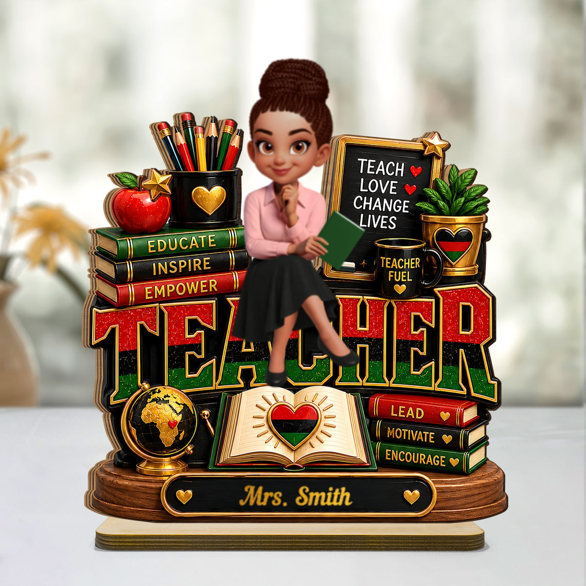Teach Love Changes Life - Personalized 2-Layered Wooden Plaque - African American Teacher Appreciation Gift