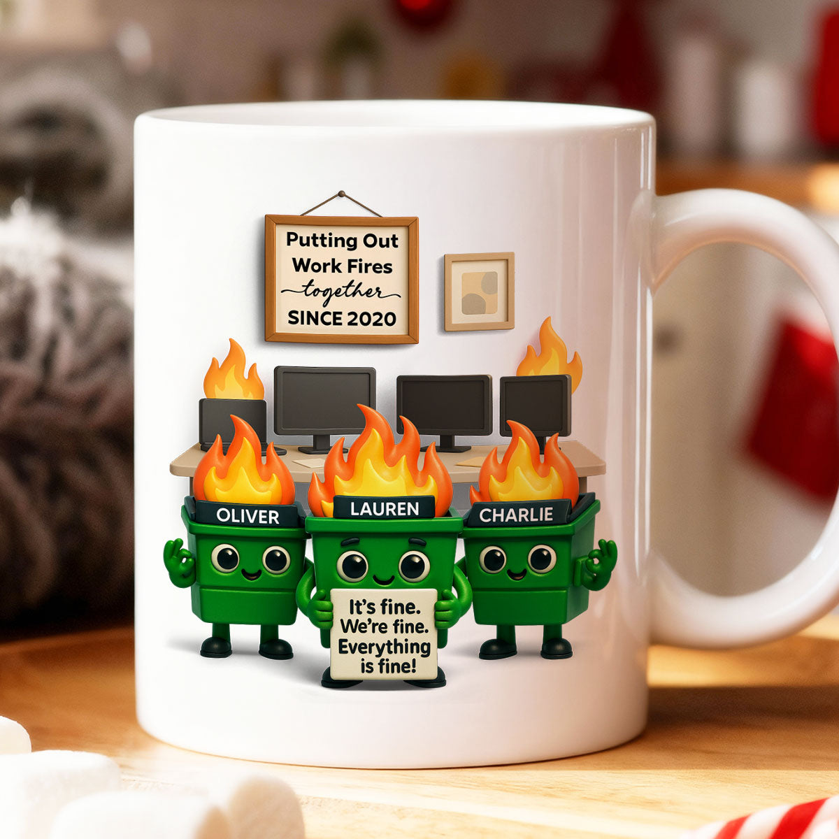 Funny Dumpster Fire Office Chaos - Personalized Mug - Funny Christmas Gift, White Elephant Gift for Coworkers