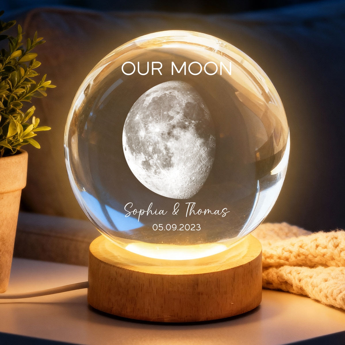 Our Moon Special Day Custom Moon Phase - Personalized Crystal Ball LED Night Light - Valentine's Day Gift For Couple