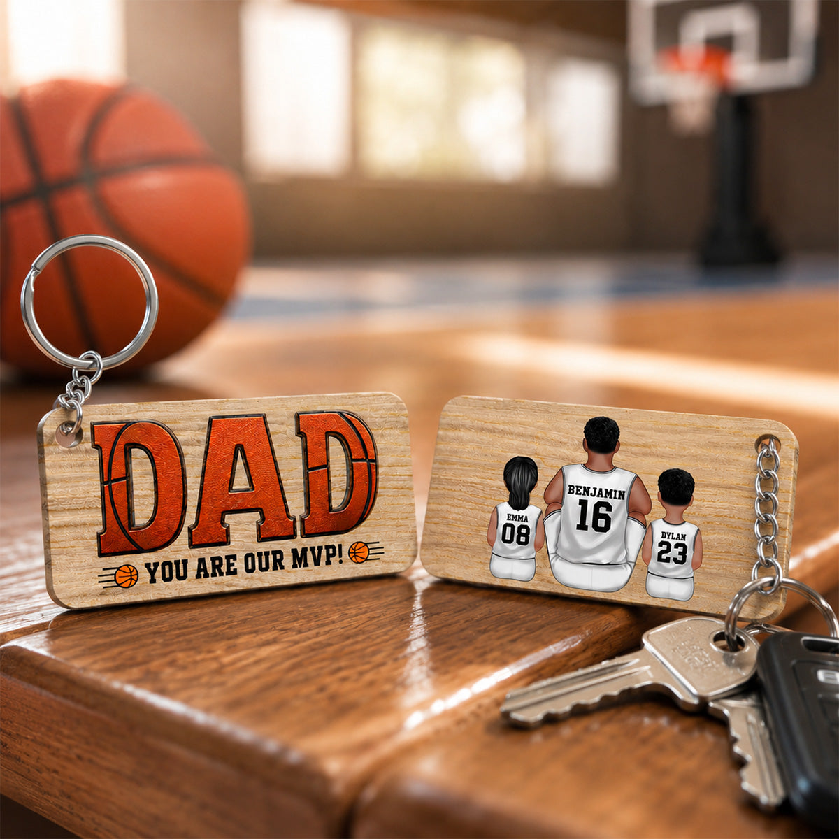 Dad You Are Our MVP Sitting Basketball Man & Kids - Personalized Wooden Keychain - Father's Day Gift For Basketball Dad
