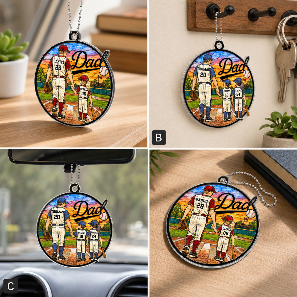 Baseball Dad & Kids 2D Flat - Personalized Acrylic Car Ornament - Father's Day Gift For Baseball Dad