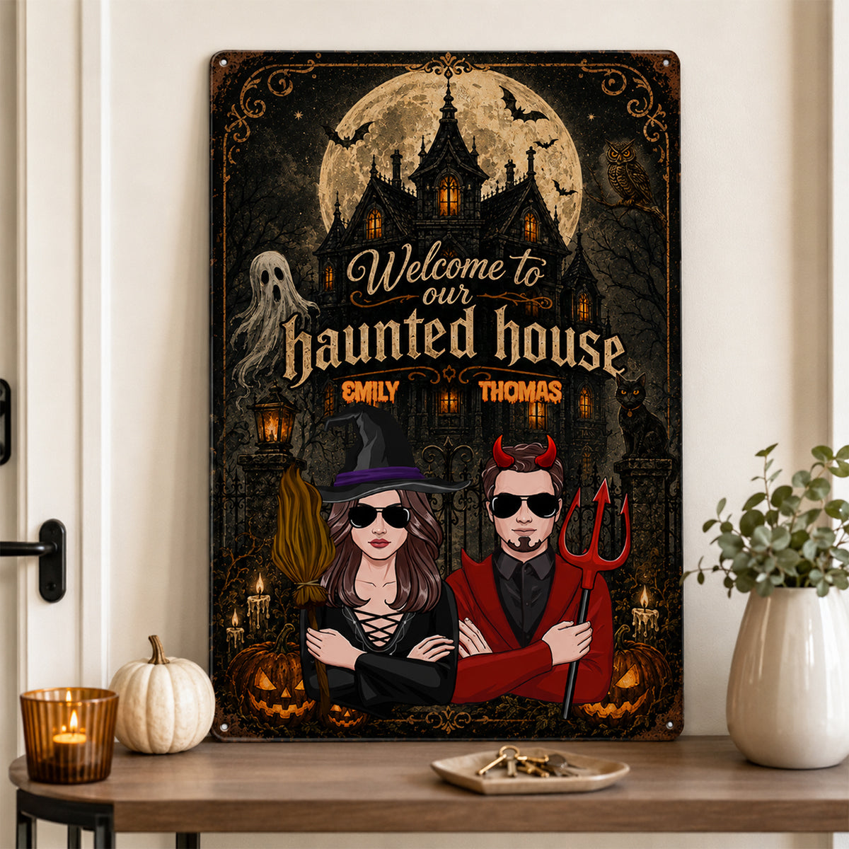 Welcome to Our Haunted House - Personalized Metal Sign - Halloween Decor for Couples