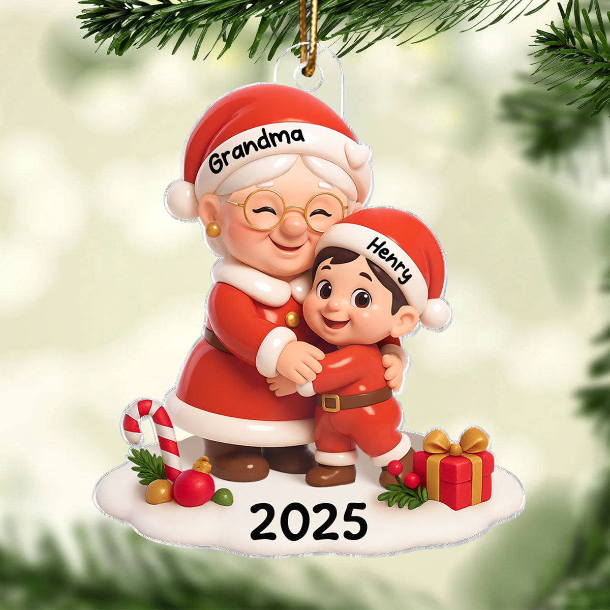 Santa Grandma Hugging Grandkid 3D Effect Personalized Acrylic Ornament, Christmas Gift for Grandson, Granddaughter, Grandma