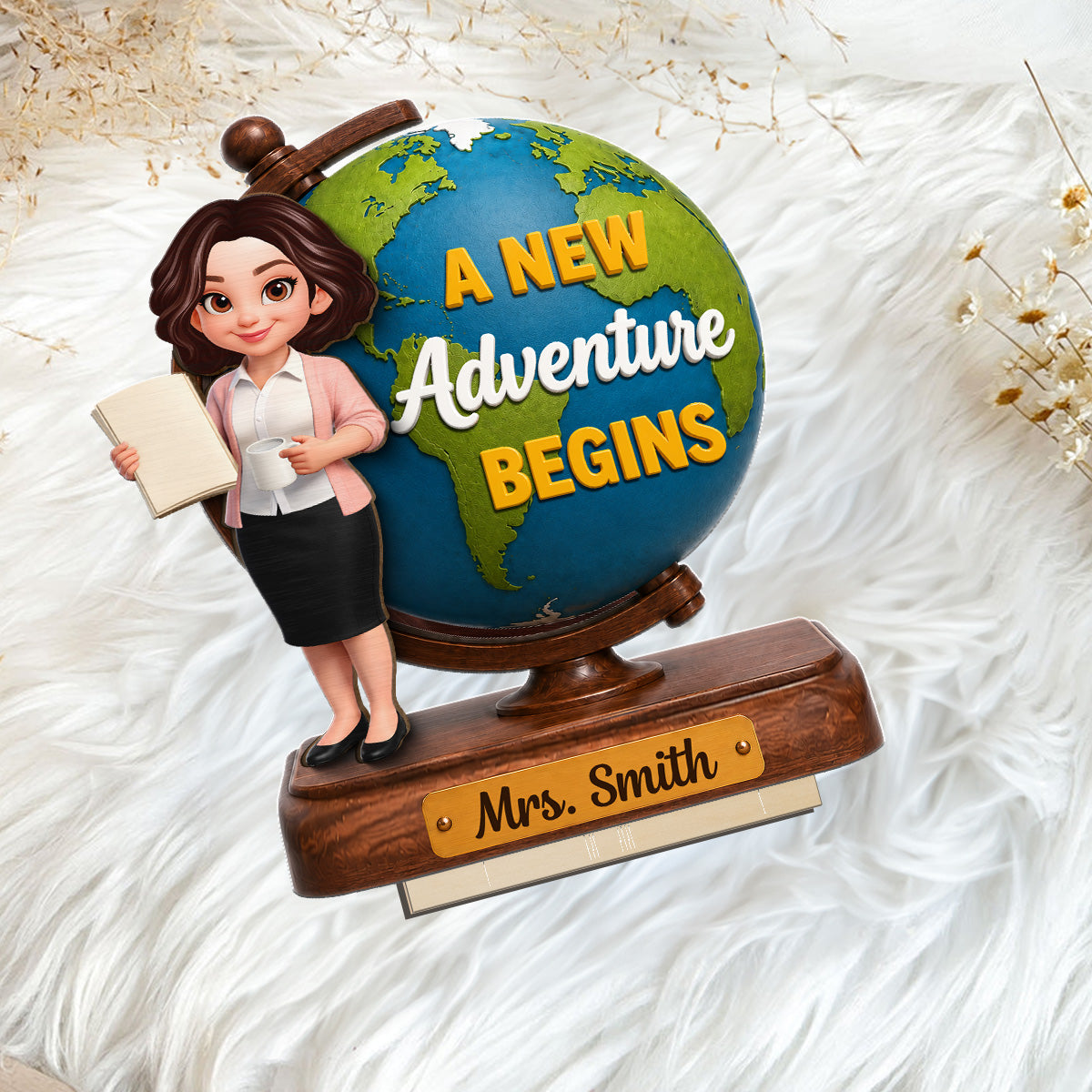 Teacher World Globe 2D Flat - Personalized Wooden Plaque - Back To School Gift