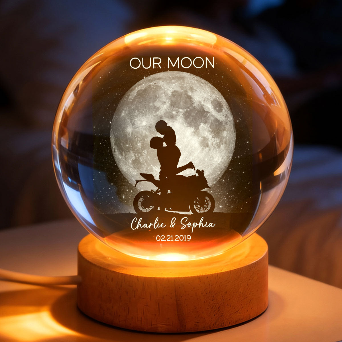 Biker Couple Kissing in the Moonlight, Custom Moon Phase by Date - Personalized Crystal Ball LED Night Light - Heartfelt Valentine's Day Gift for Her, for Him