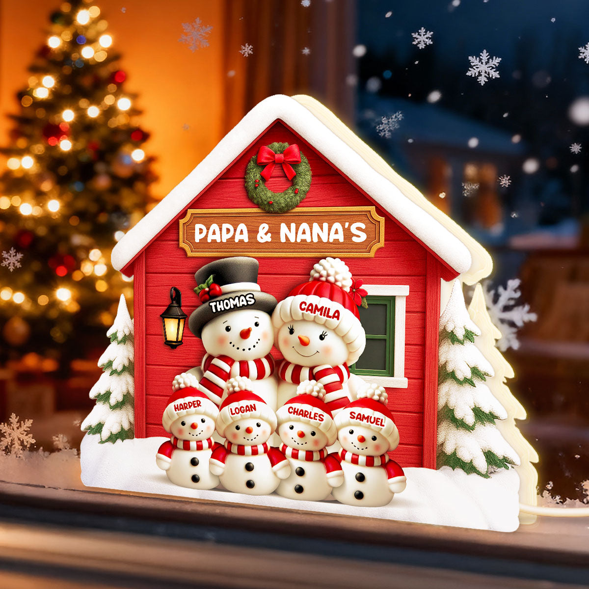3D Effect Snowman at Grandparents' House Farm House - Personalized Light Box - Christmas Decor For Grandma, Grandpa, Family