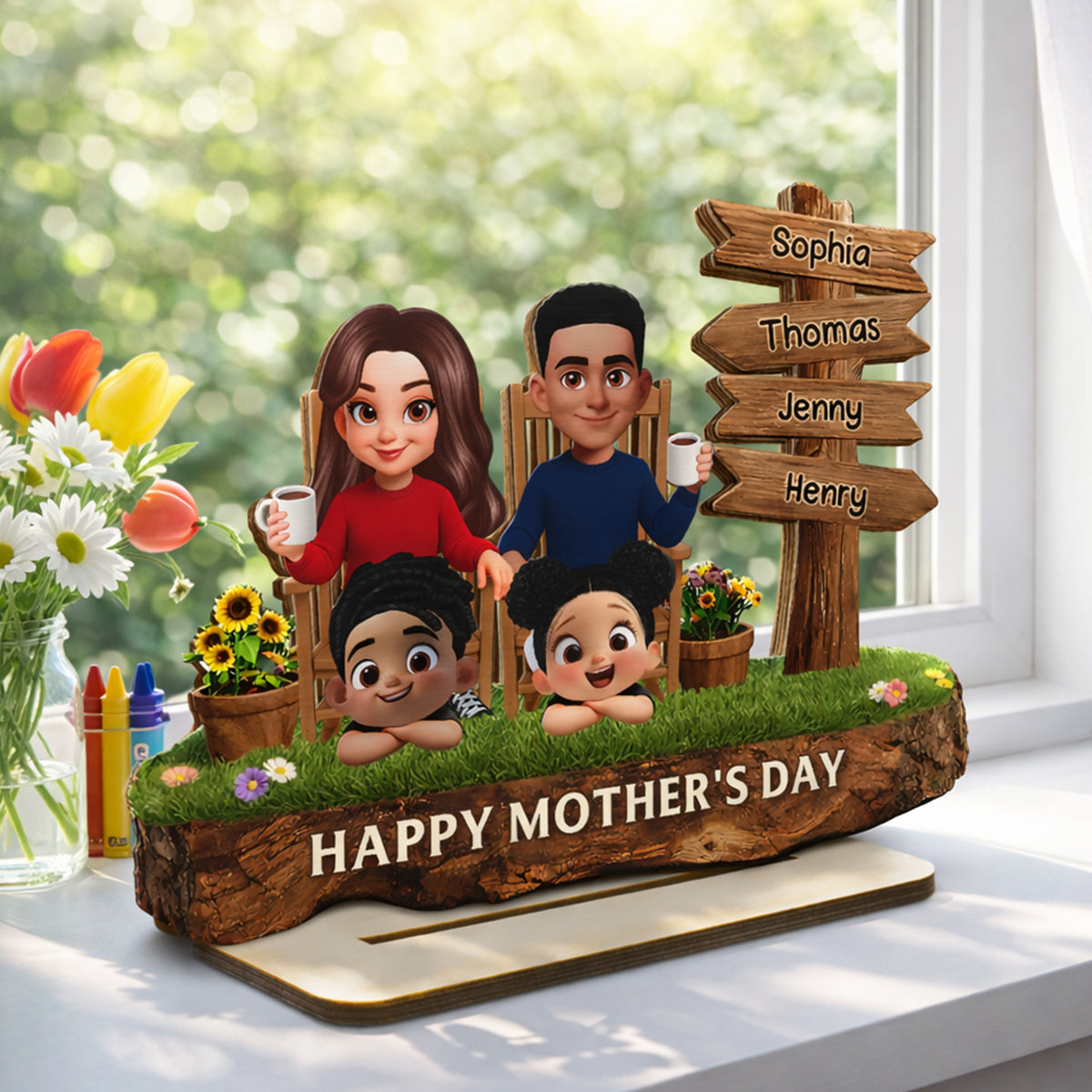 Family Sitting Sign Post - Personalized 2-Layered Wooden Plaque - Heartfelt Rustic Decor, Gift for Mom, Dad