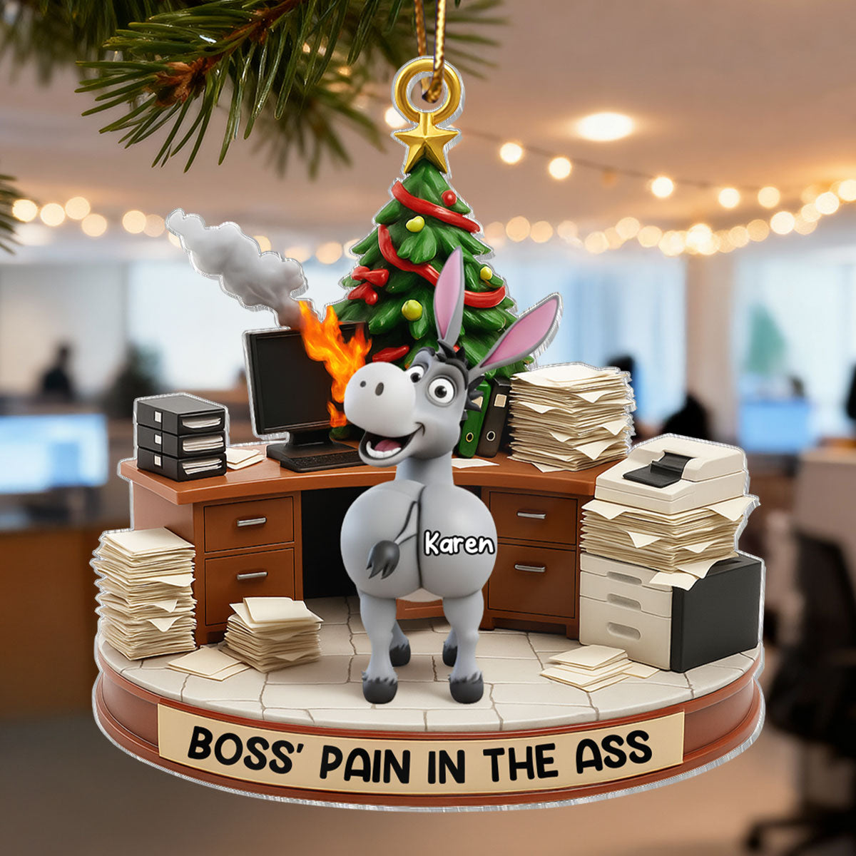 Funny Boss Christmas Pain in the Asses, Donkey Office Decoration - Personalized Acrylic Ornament - Custom Employee Gift Exchange, White Elephant Gift
