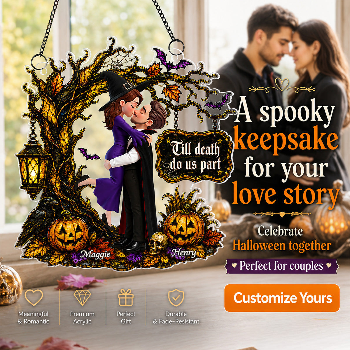 Couple Hugging Under Spooky Halloween Tree 2D Flat - Personalized Acrylic Window Hanger - Halloween Decor For Couple