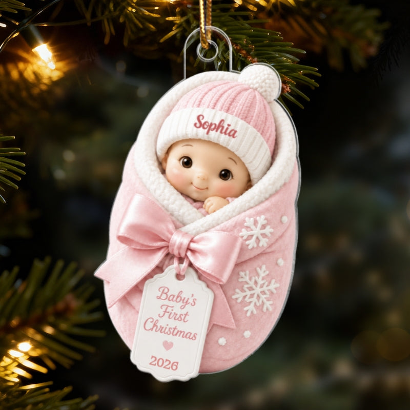 Baby's First Christmas Baby In Swaddle Blanket 2D Flat - Personalized Acrylic Ornament - 1st Christmas Keepsake