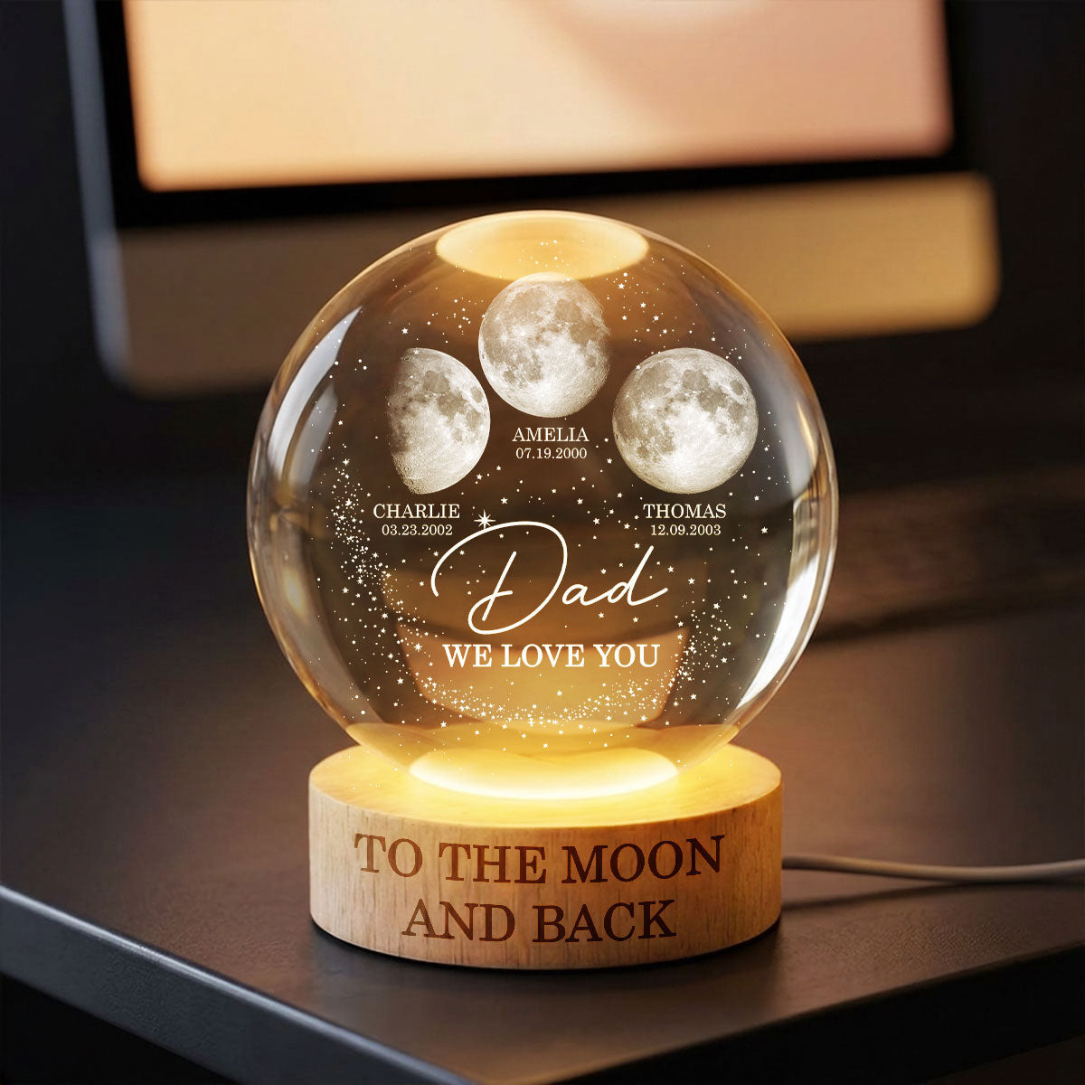 Love to the Moon and Back - Personalized Crystal Ball LED Night Light - Custom Moon Phase by Date,  Gift for Dad, Husband