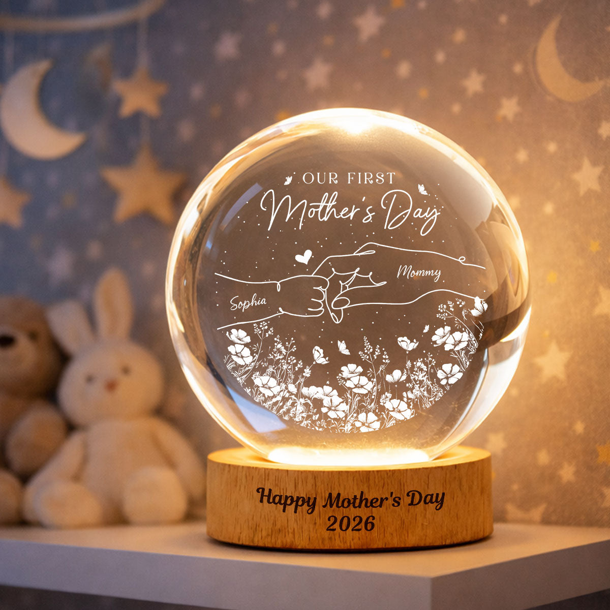 First Mother's Day Photo - Personalized Crystal Ball LED Light Night - Mother's Day Gift for Mom, Wife