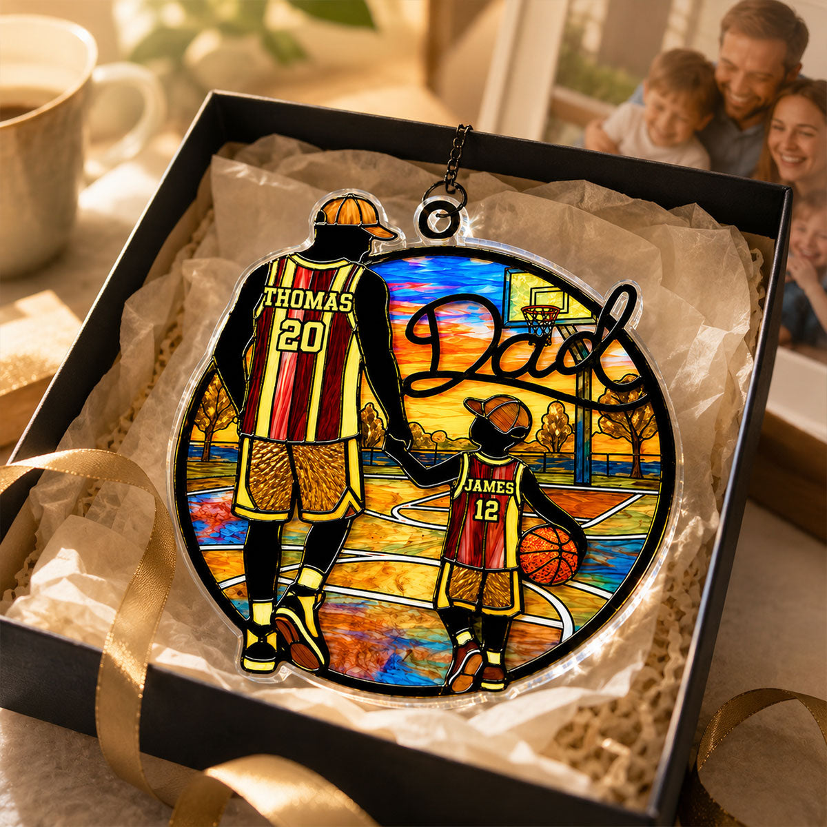 Basketball Dad & Kids 2D Flat - Personalized Suncatcher Ornament - Father's Day Gift For Basketball Dad
