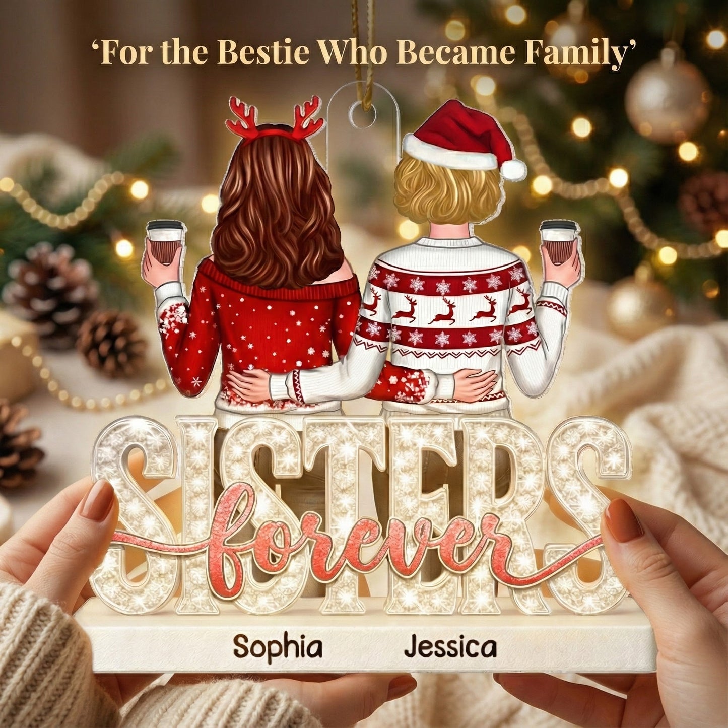 Sisters Forever Pattern Crystal - Personalized Acrylic Ornament - Heartwarming Christmas Gift For Sisters, Besties