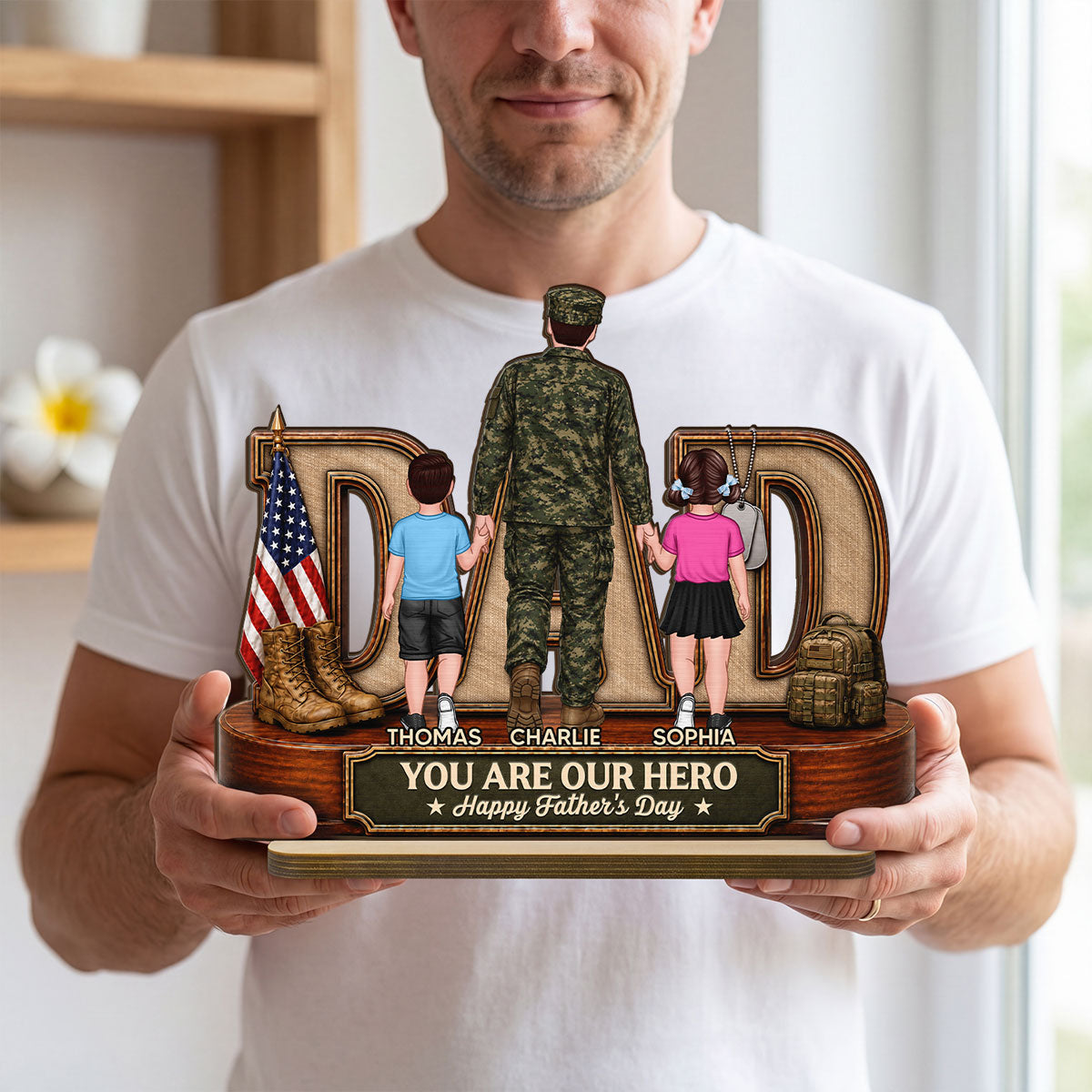 Proud American Army Dad You Are Our Hero - Personalized 2-Layered Wooden Plaque -  Gift For Dad, Husband