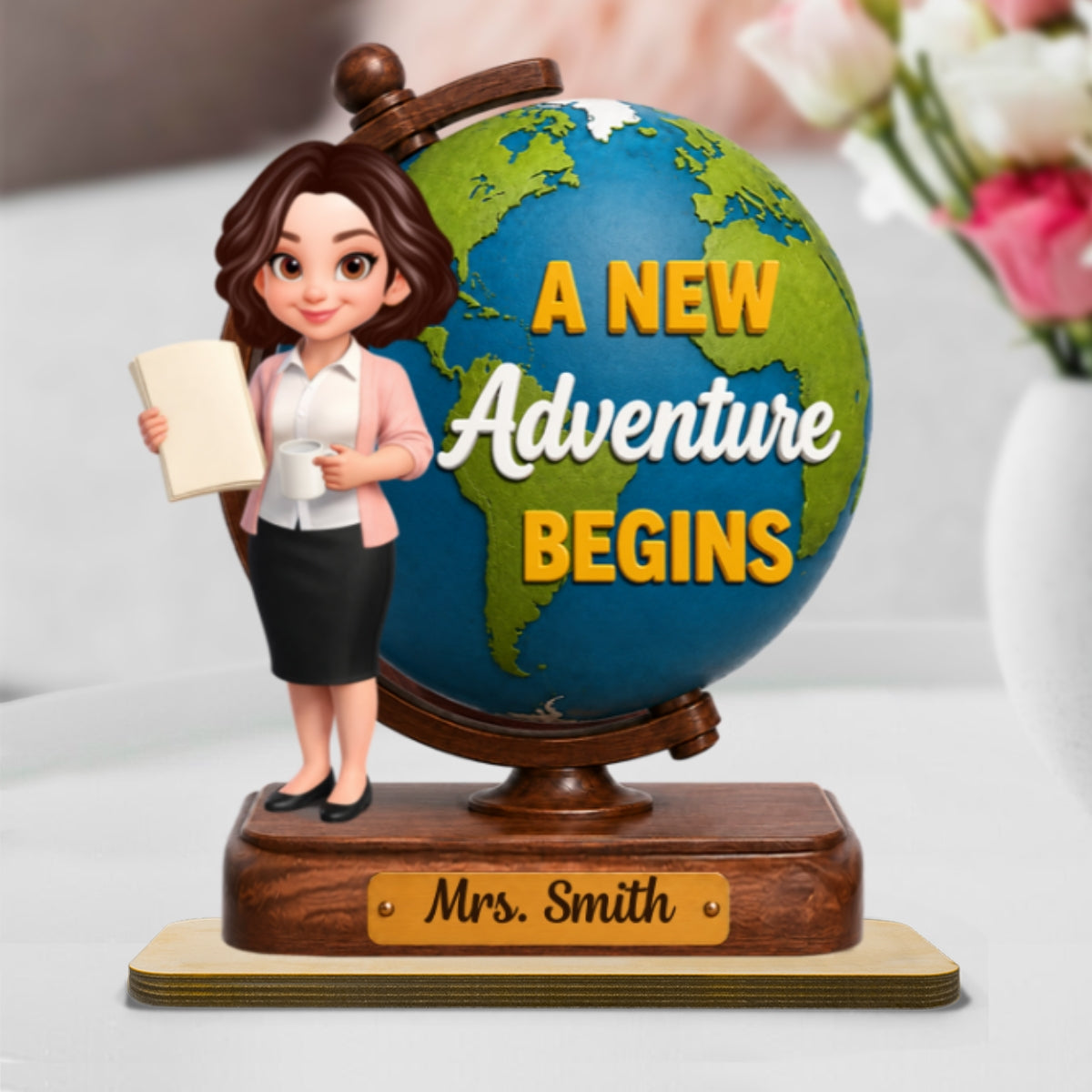 Teacher World Globe 2D Flat - Personalized Wooden Plaque - Back To School Gift