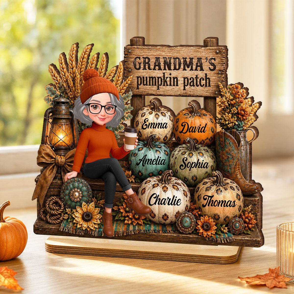 Grandma Pumpkin Patch Western Fall Vibe - Personalized 2-Layered Wooden Plaque - Fall Gift for Grandma