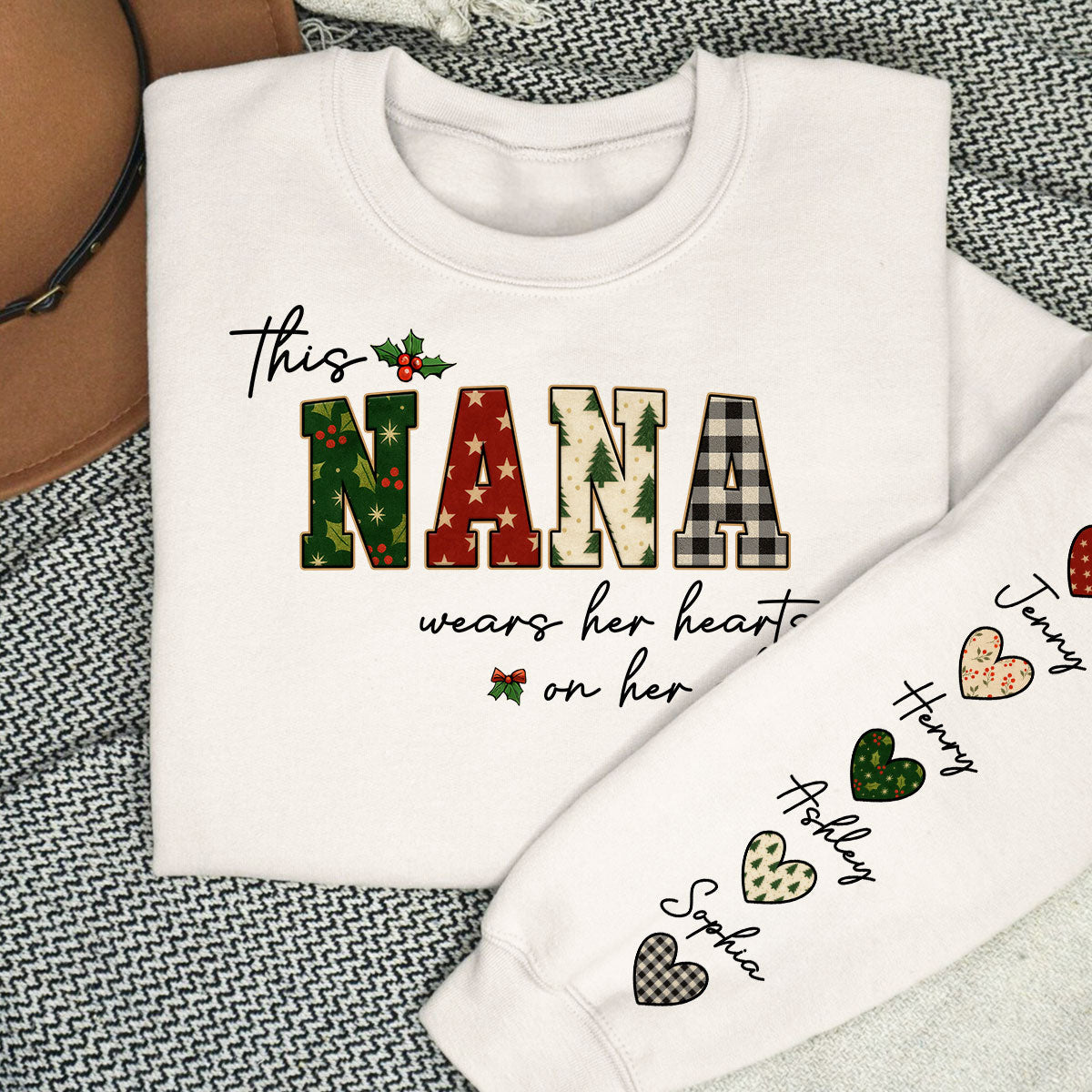 Christmas This Grandma Wears Her Heart Her Sleeve - Personalized Sleeve Printed Sweatshirt
