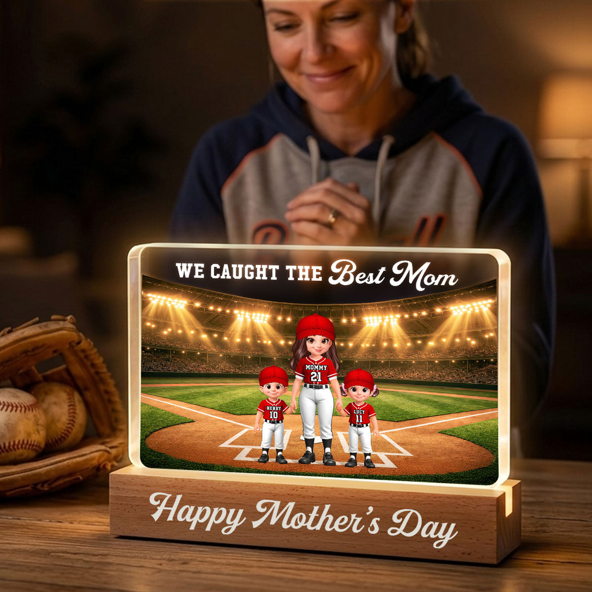 We Caught The Best Baseball Mom - Personalized Acrylic Block LED Night Light - Mother's Day Gift For Baseball Mom, Wife