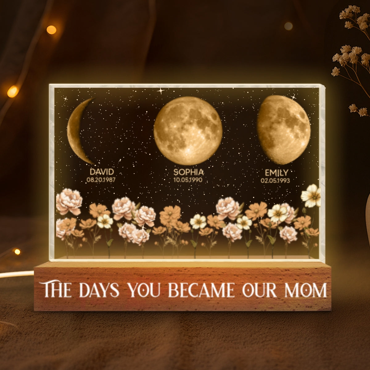 The Day You Became Our Mom Custom Moon Phase by Date - Personalized Acrylic Block LED Night Light, Custom Birth Flowers